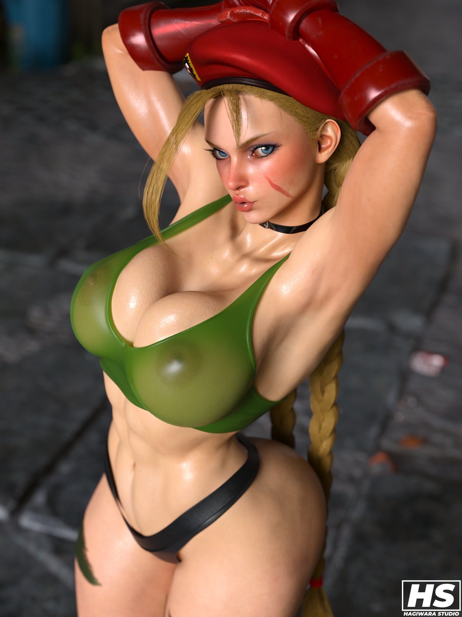 1girls, 3d, ass, big ass, big breasts, black choker, blonde hair, blue eyes, bra, breasts, cammy white, capcom, choker, clothed, female, female only, hagiwara studio, highres, navel, panties, solo, street fighter, street fighter 6, tagme, thick thighs, tight clothing