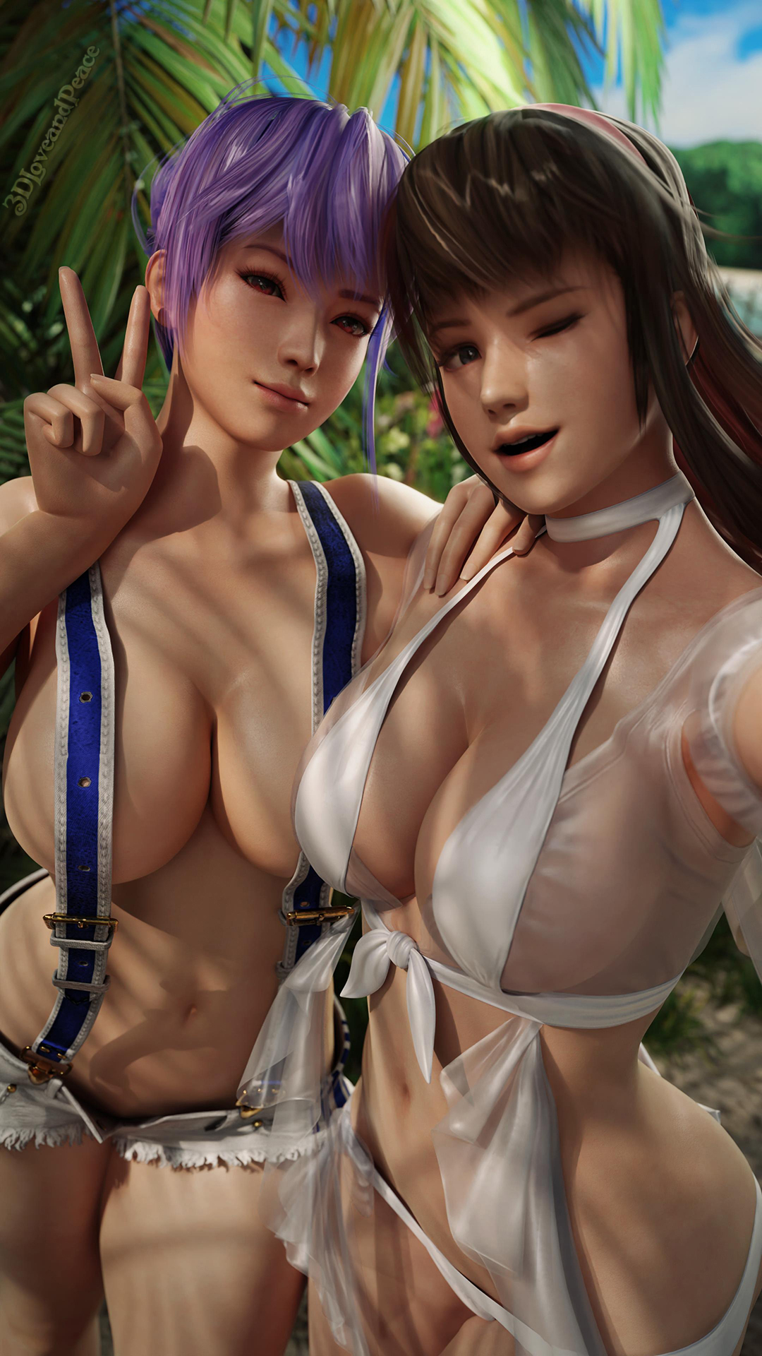 2girls, 3d, 3dloveandpeace, ayane (doa), beach, blue eyes, breasts, brown hair, cleavage, dead or alive, female, female only, hitomi (doa), huge breasts, peace sign, purple hair, red eyes, seaside, selfie, suspenders, underwear, voluptuous, wink