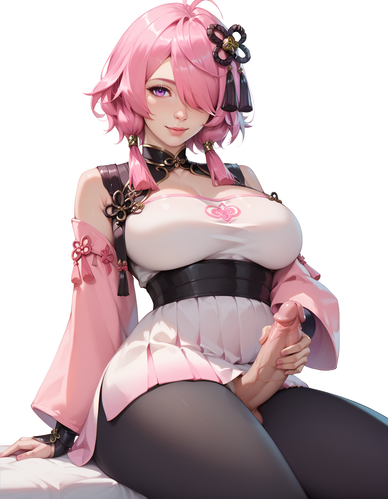 1futa, ai generated, breasts, dickgirl, esendor, foreskin, futa only, futanari, huge breasts, intersex, large penis, penis, pink hair, purple eyes, simple background, solo, stable diffusion, taoqi (wuthering waves), uncircumcised, uncut, wuthering waves