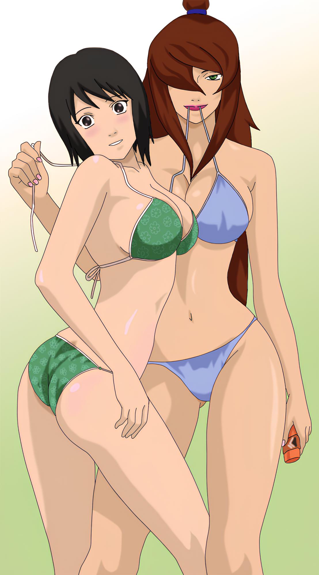 2girls ass big_breasts bikini bikini_bottom bikini_pull bikini_top black_eyes black_hair breasts brown_hair cleavage curvaceous curvy female female_only green_eyes hair_over_one_eye holding_object lipstick long_hair looking_at_viewer makeup mei_terumi naruto naruto_(series) naruto_shippuden pulled_by_another shizune smile straps sunscreen swimsuit undressing untied_bikini very_long_hair wide_hips