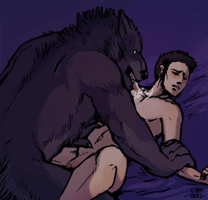 2012 anthro black_fur blush canine cbh flaccid forced fur furry gay human human_on_anthro interspecies licking male penis rape saliva tongue werewolf