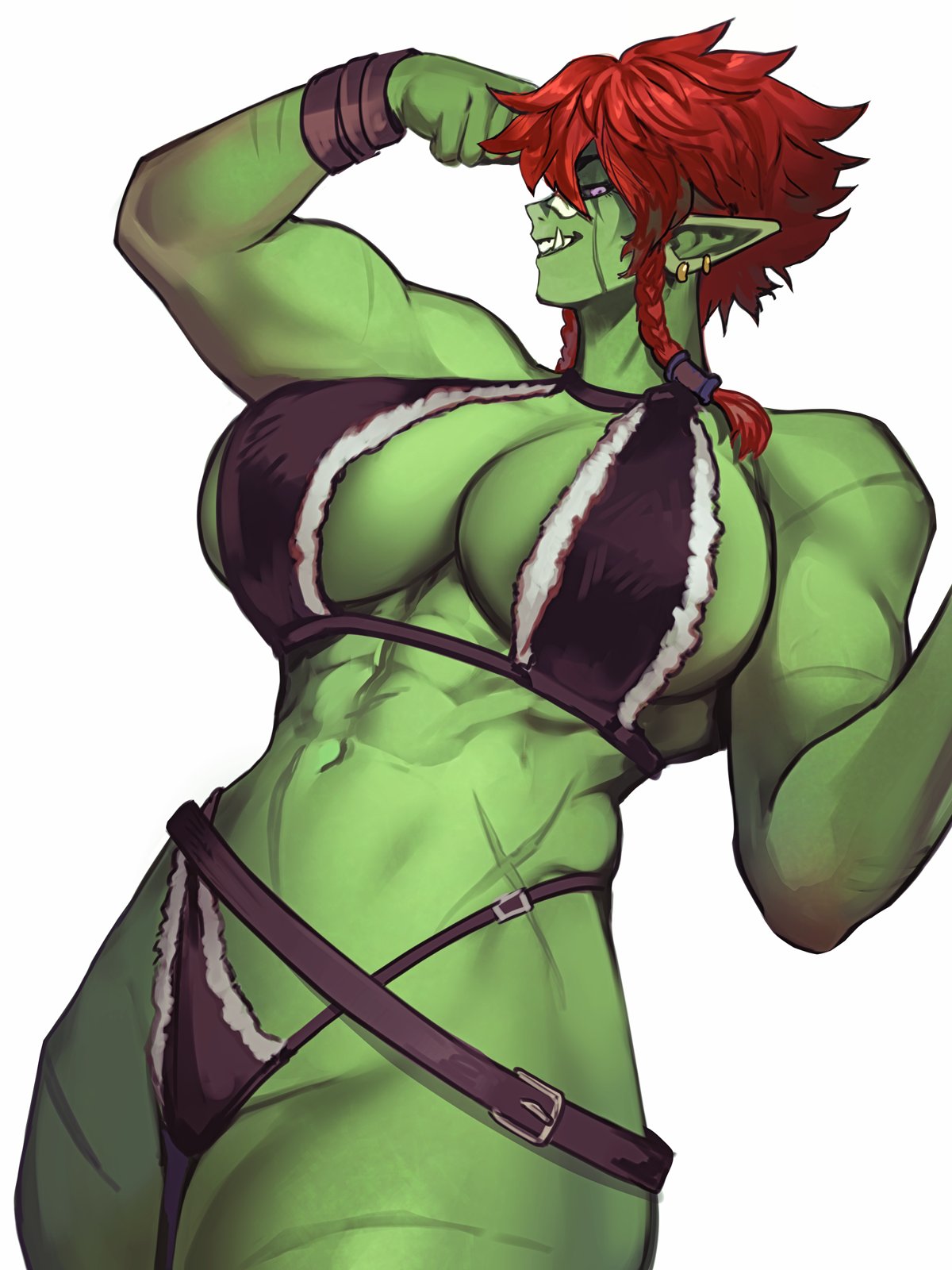 1girls 2024 abs bandaid_on_nose big_breasts cassandra_(virgoart1509) clothing earrings fangs female female_only flexing flexing_bicep green_skin hi_res looking_at_viewer muscular muscular_female nextoad orc orc_female pointy_ears red_hair scars scars_all_over smiling smiling_at_viewer solo twin_braids white_background