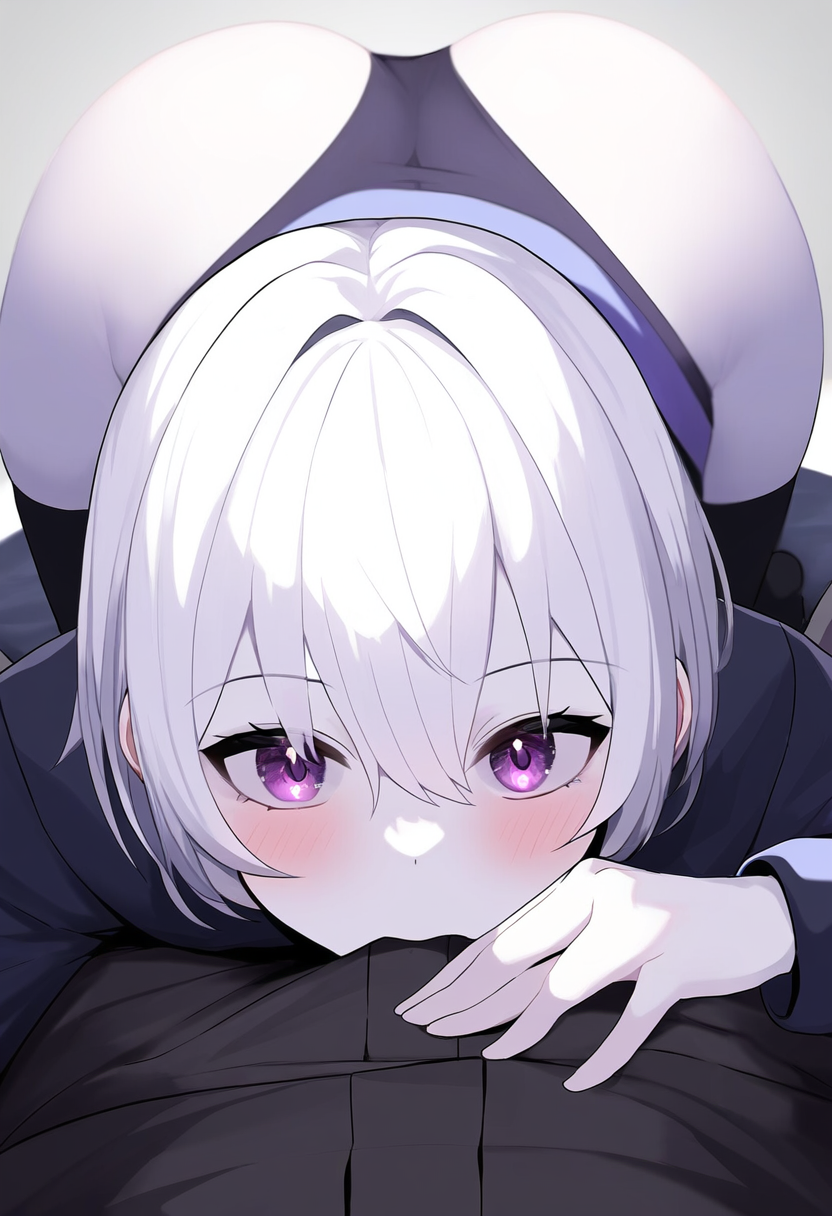 1boy ai_generated ass blowjob_pov femboy giving_head jonnyjonn light_blush novelai oc original_character pale_skin pov_eye_contact purple_eyes rubbing_penis thanatos_(jonnyjonn) underpants white_hair