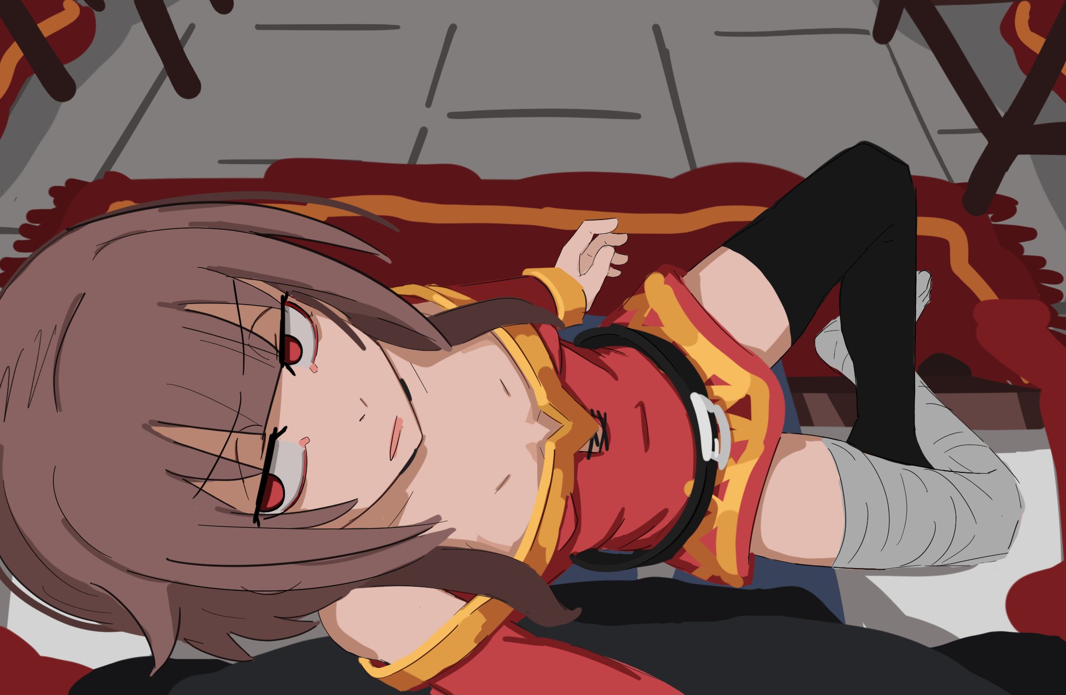 belt, brown hair, dress, female, kono subarashii sekai ni shukufuku wo!, kurokimoko, looking at viewer, megumin, parted lips, pov, red eyes, sitting, thighhighs