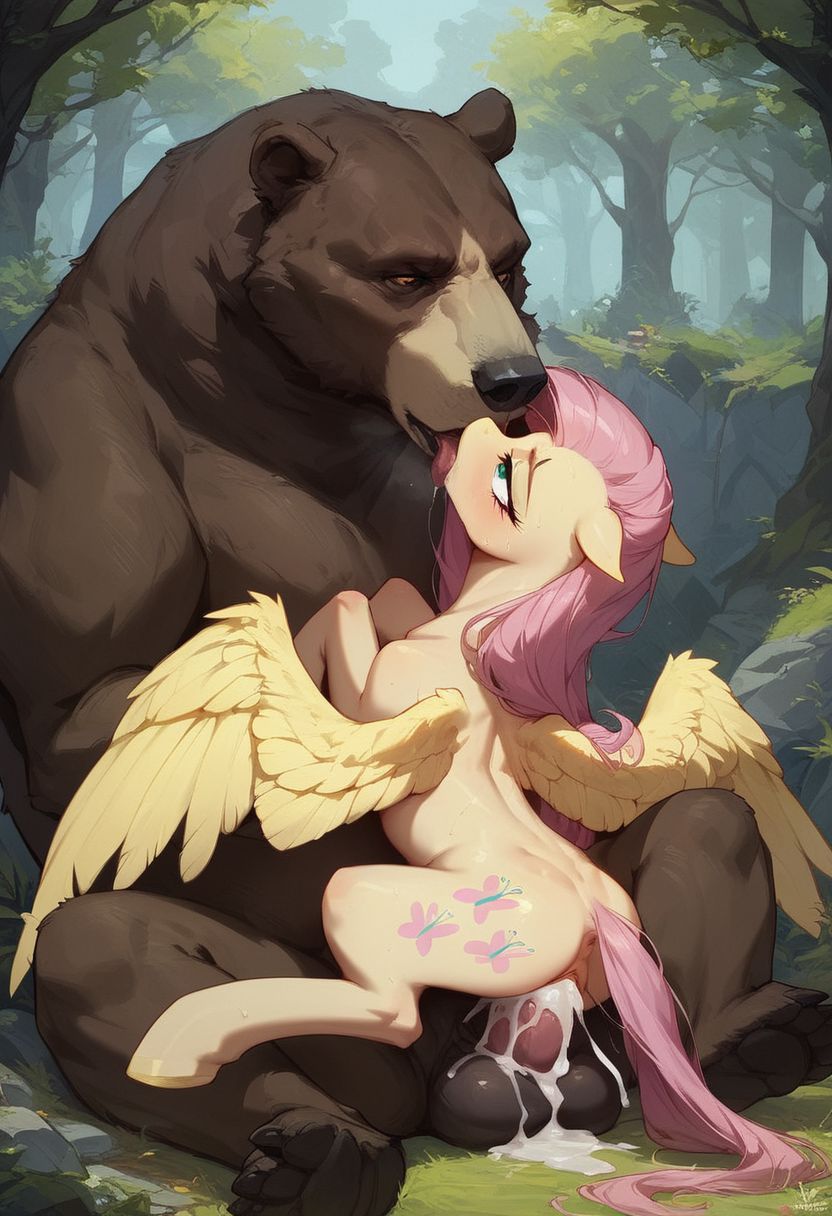 2024, 2024s, ai generated, animal genitalia, anthro, bear, cum, cutie mark, female, fluttershy (mlp), friendship is magic, hasbro, kissing, long hair, my little pony, my little pony friendship is magic, nai diffusion, pink hair, pony, pussy, sex, stable diffusion, vaginal penetration, vaginal sex, xenophilia, yellow body, yellow fur, yellow-skin, zoophilia