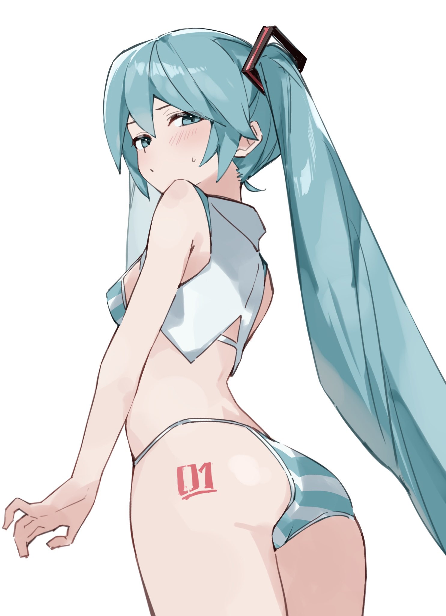 1girl, 1girls, aqua eyes, aqua hair, ass, ass focus, bangs, bare shoulders, bikini, blue eyes, blue hair, blush, bra, breasts, collared bikini, cowboy shot, female, from behind, hair ornament, hatsune miku, hatsune miku (collared bikini), long hair, looking at viewer, looking back, meme attire, panties, shirt, simple background, sleeveless, solo, solo female, striped, striped bikini, striped panties, sweatdrop, swimsuit, tattoo, twintails, underwear, very long hair, vocaloid, white background