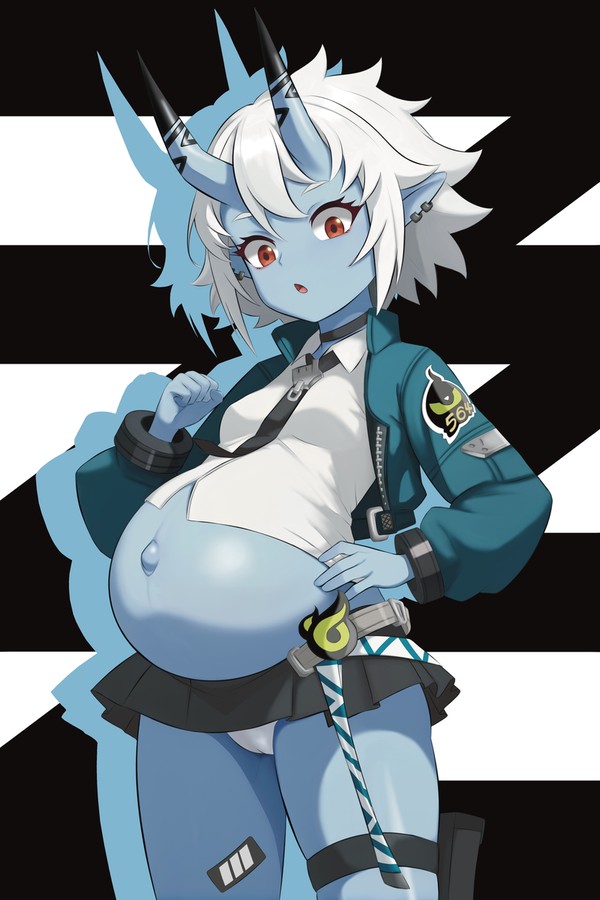 1girls, blue body, blue-skinned female, choker, demon, demon girl, demon horns, demon tail, female, female only, horns, hoyoverse, panties, popped navel, pregnant, ready to pop, solo, soukaku (zenless zone zero), tail, tail markings, uniform, white hair, zenless zone zero