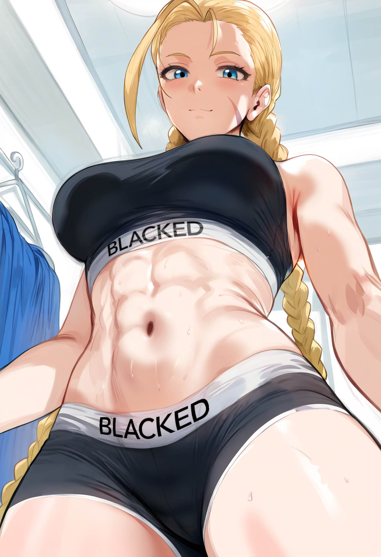 1girls, abs, ai generated, belly button, blacked, blacked clothing, blonde hair, blue eyes, braided hair, braided twintails, cammy white, capcom, female, female only, fit, fit female, long hair, looking at viewer, looking down, low-angle view, smiling, smiling at viewer, solo, sports bra, sportswear, street fighter, sweat, twin braids, twintails