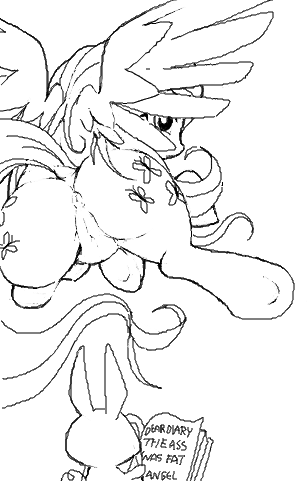 2013 angel_(mlp) anus ass book cutie_mark duo english_text equine female feral fluttershy_(mlp) friendship_is_magic horse lagomorph monochrome my_little_pony pegasus plain_background pony presenting presenting_hindquarters pussy stoic5 text white_background wings