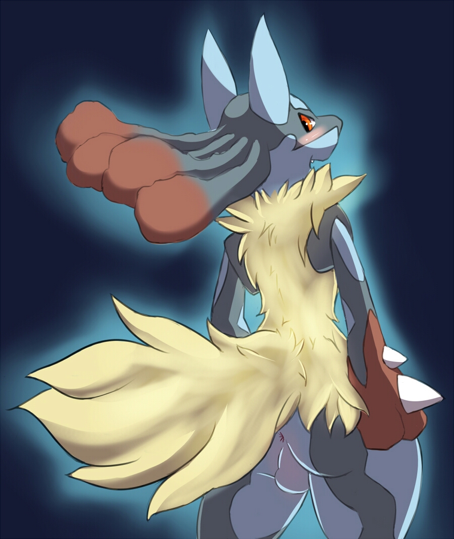 2013 anthro ass balls blue_fur blush canine celescario jackal looking_at_viewer looking_back lucario male male_only mega_evolution mega_lucario nintendo nude open_mouth plain_background pokemon pokemon_(species) pokemon_xy red_eyes solo video_games