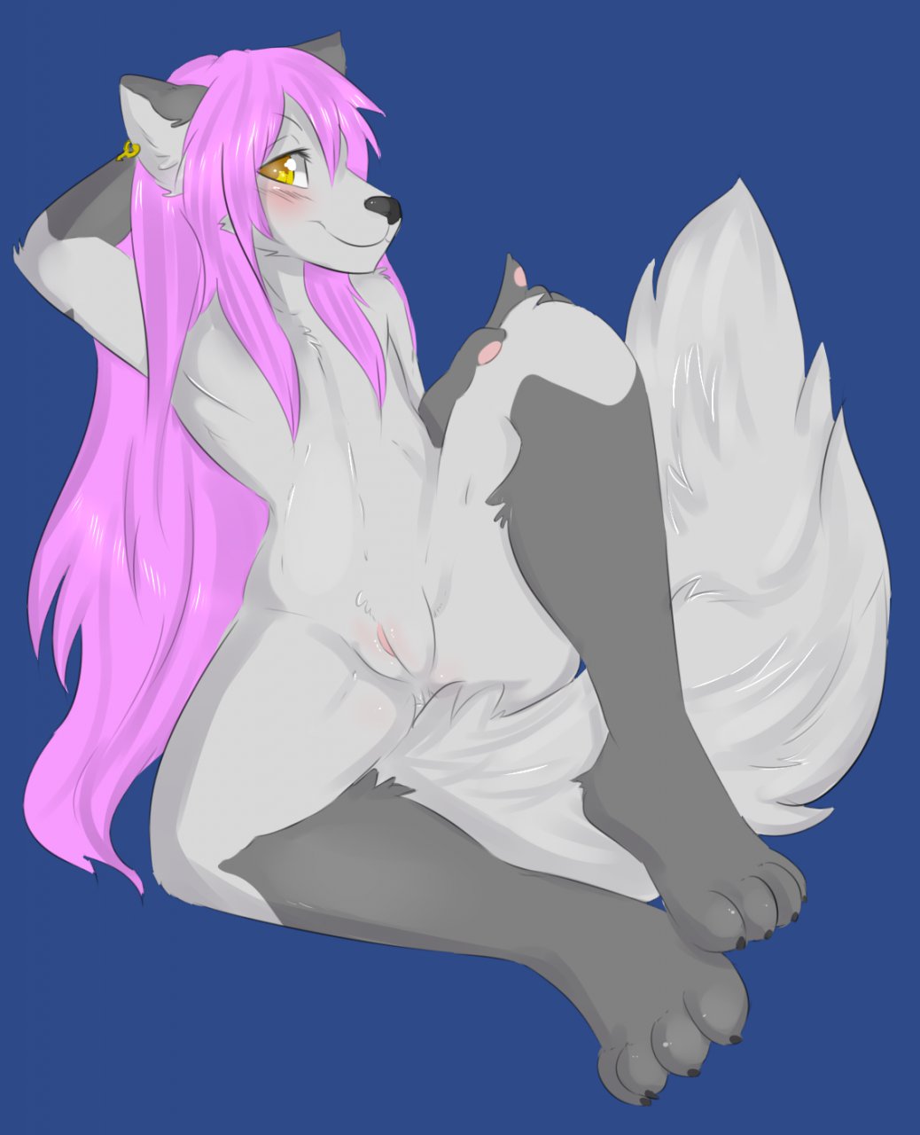 anthro blush canine cuntboy fox fur furry hair intersex long_hair nickii nude piercing pink_hair pussy solo submersible_fox tagme