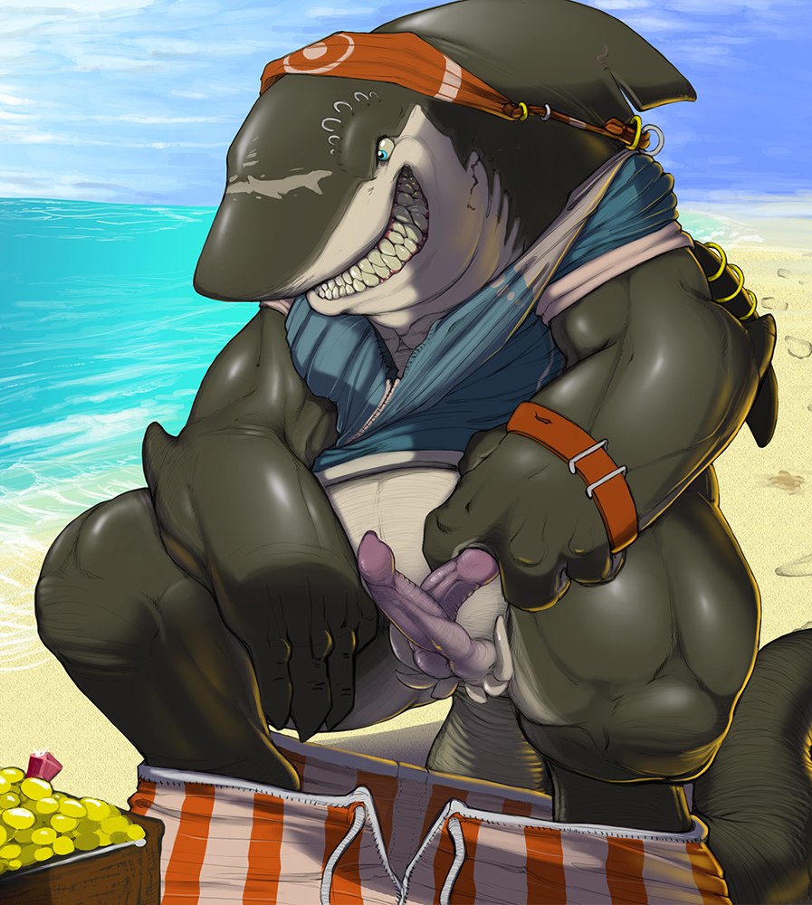 2013 anthro bad_dragon bandana beach biceps blue_eyes claspers clothing color day diphallia diphallism erection fish gold great_white_shark hemipenes male male_only marine multi_penis muscles narse nude official_art outdoors pants pants_down penis piercing pirate sea seaside shark smile solo treasure undressing water