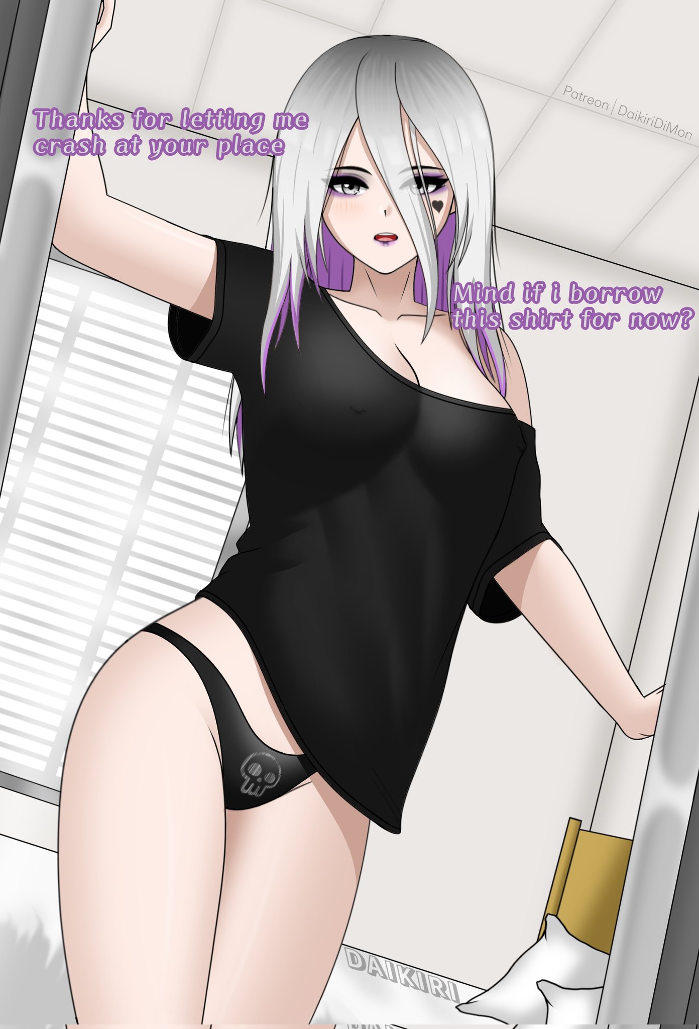 1girls, 2025, animification, bedroom, big breasts, breasts, daikiri di mon, dbd, dead by daylight, dialogue, female, female only, goth, goth girl, gothic, grey eyes, grey hair, heart, light skin, light-skinned female, looking at viewer, multicolored hair, nipple bulge, nipples visible through clothing, no pants, oversized shirt, panties, patreon username, perky breasts, pierced nipples, purple hair, purple highlights, sable ward, shirt, skull head, talking to viewer, text, thighs, tits, two-tone hair, white hair