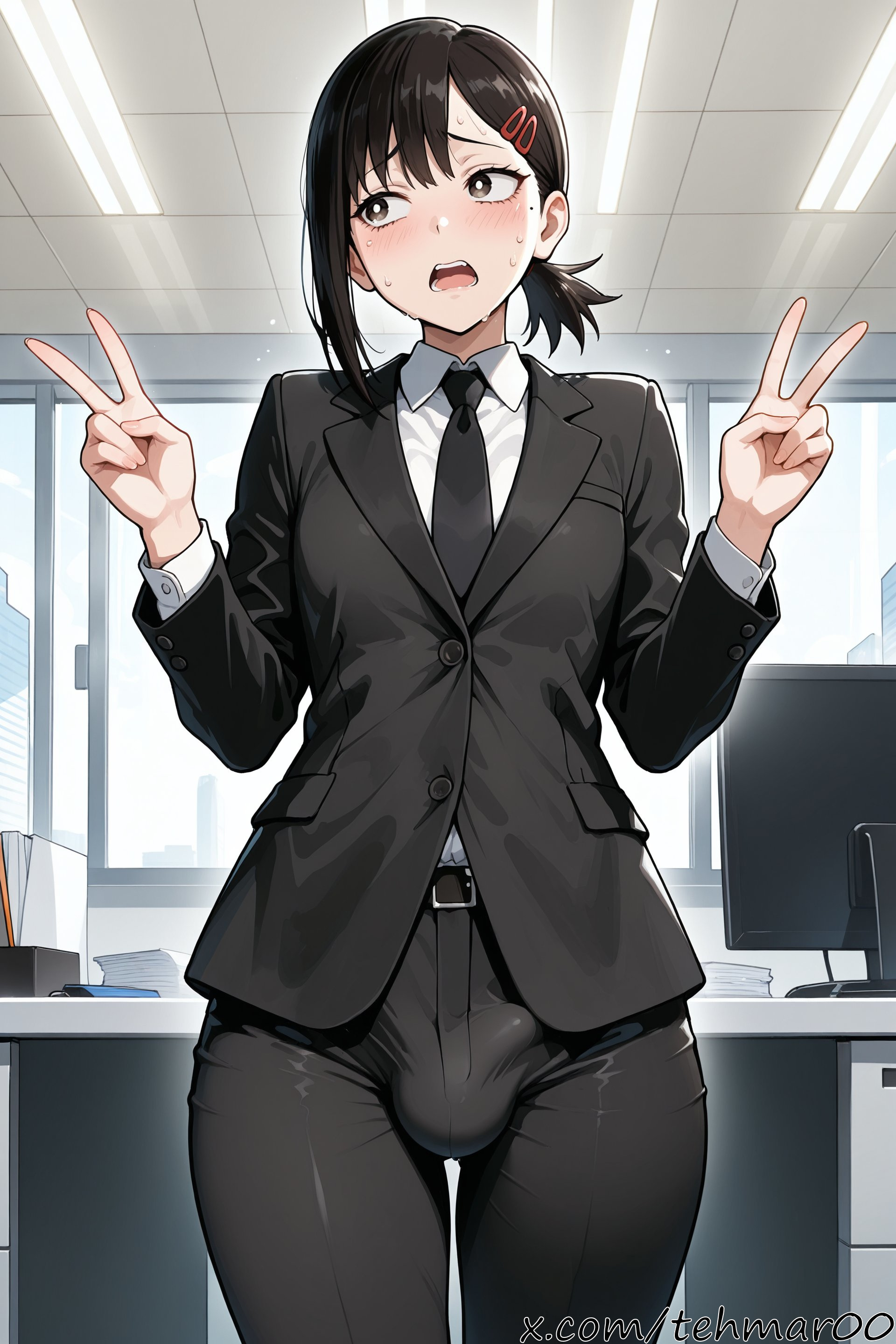 1boy, ai generated, belt, black hair, black necktie, black pants, blush, brown eyes, bulge, chainsaw man, collared shirt, double v, femboy, formal, genderswap (ftm), hair ornament, hairclip, higashiyama kobeni, indoors, jacket, kobeni higashiyama, long sleeves, male, monitor, necktie, office, open mouth, pants, rule 63, shirt, short hair, solo, suit, sweat, tagme, tehmar, trans woman, transfem, trap, v, white shirt