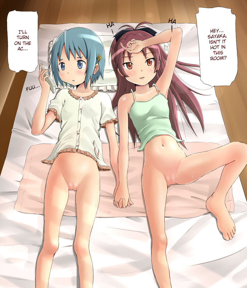 2girls blue_hair bottomless breasts casual english_text female female_only futon hard_translated human interlocked_fingers long_hair lying mahou_shoujo_madoka_magica miki_sayaka multiple_girls on_back ponytail pussy red_eyes red_hair sakura_kyouko short_hair shuuji_(shumi) sweat tank_top text tied_hair translated uncensored yuri