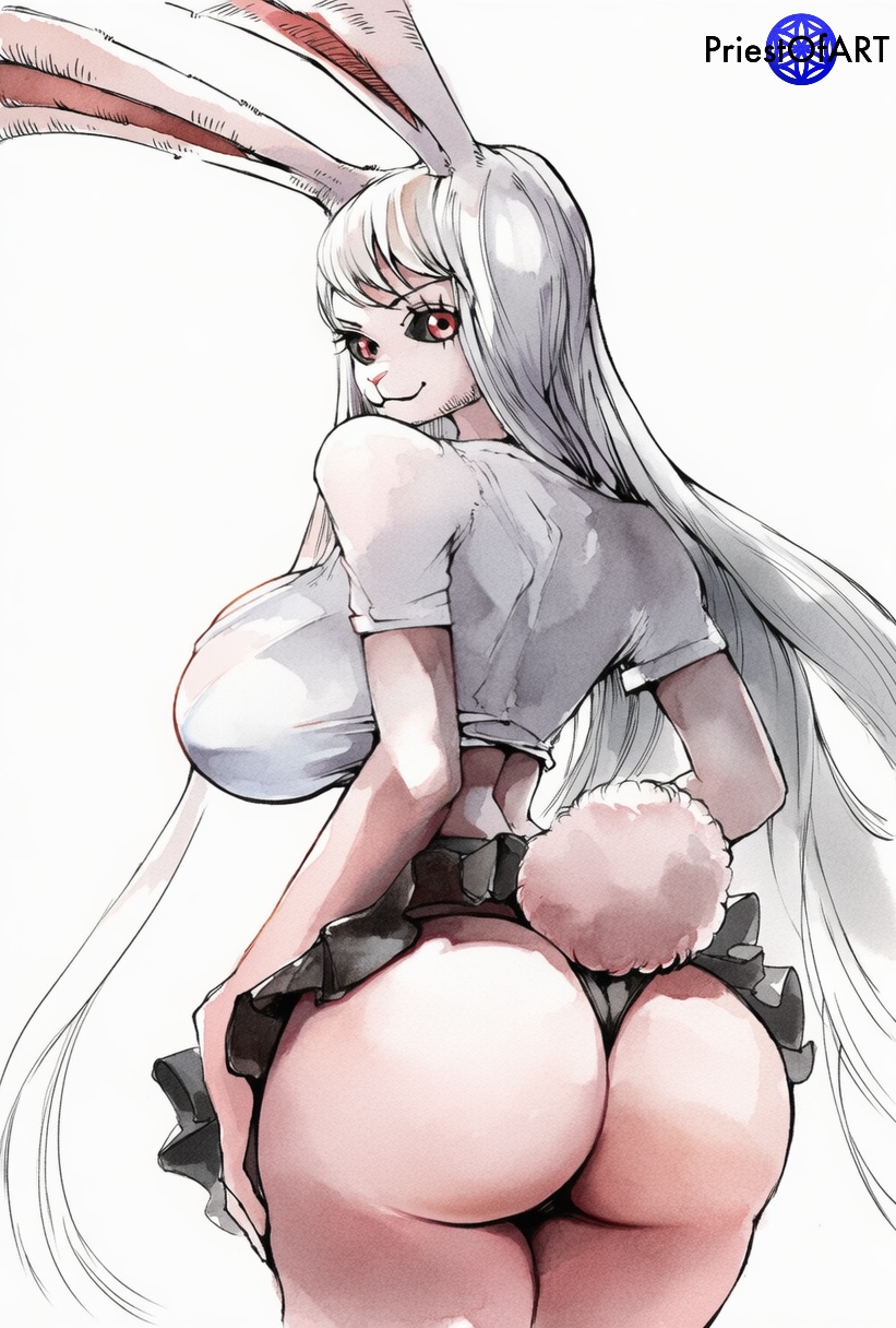 1girls, ai generated, black sclera, black skirt, breasts, bunny ears, bunny girl, bunny tail, busty, carrot (one piece), crop top, female, female only, from behind, furry, huge ass, huge breasts, long hair, looking back, one piece, priestofart, red eyes, shiny, simple background, solo, solo female, sulong carrot, thick thighs, upskirt, watercolor, watercolor (artwork), watermark, white background, white crop top, white hair, white-haired female, wide hips