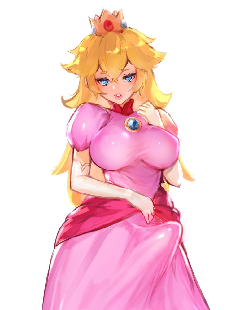 1futa, big breasts, breasts, bulge, dickgirl, dress, erection, erection under clothes, futa only, futanari, intersex, large breasts, looking at viewer, mario (series), nbo, nintendo, penis, penis under clothes, pink dress, princess peach, seductive, simple background, smile, solo, standing, tight clothing, white background