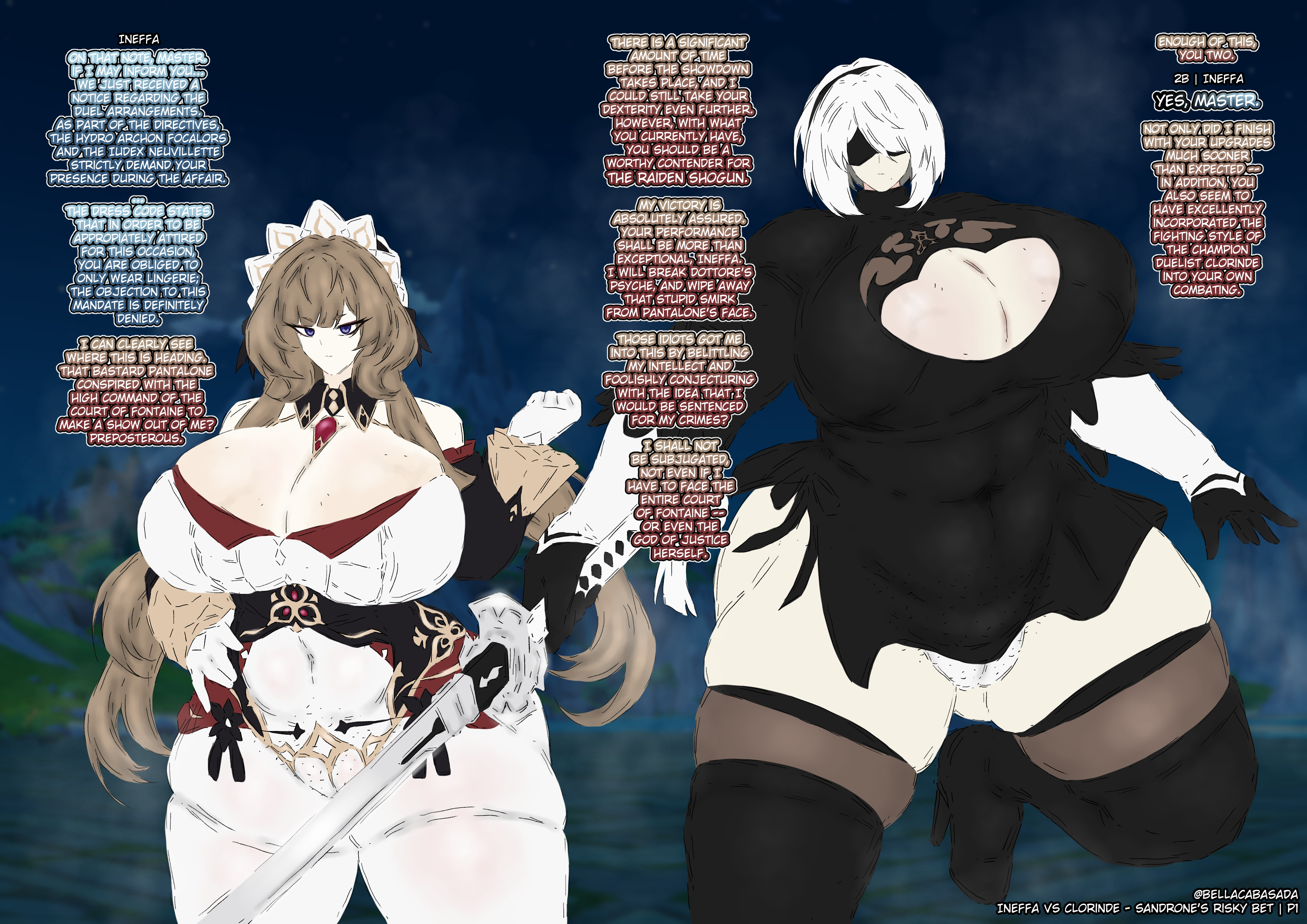 2girls, bellacabasada, breasts, dialogue, english text, female, female only, genshin impact, gigantic breasts, huge breasts, large breasts, nier: automata, sandrone (genshin impact), standing, text, voluptuous, yorha 2b