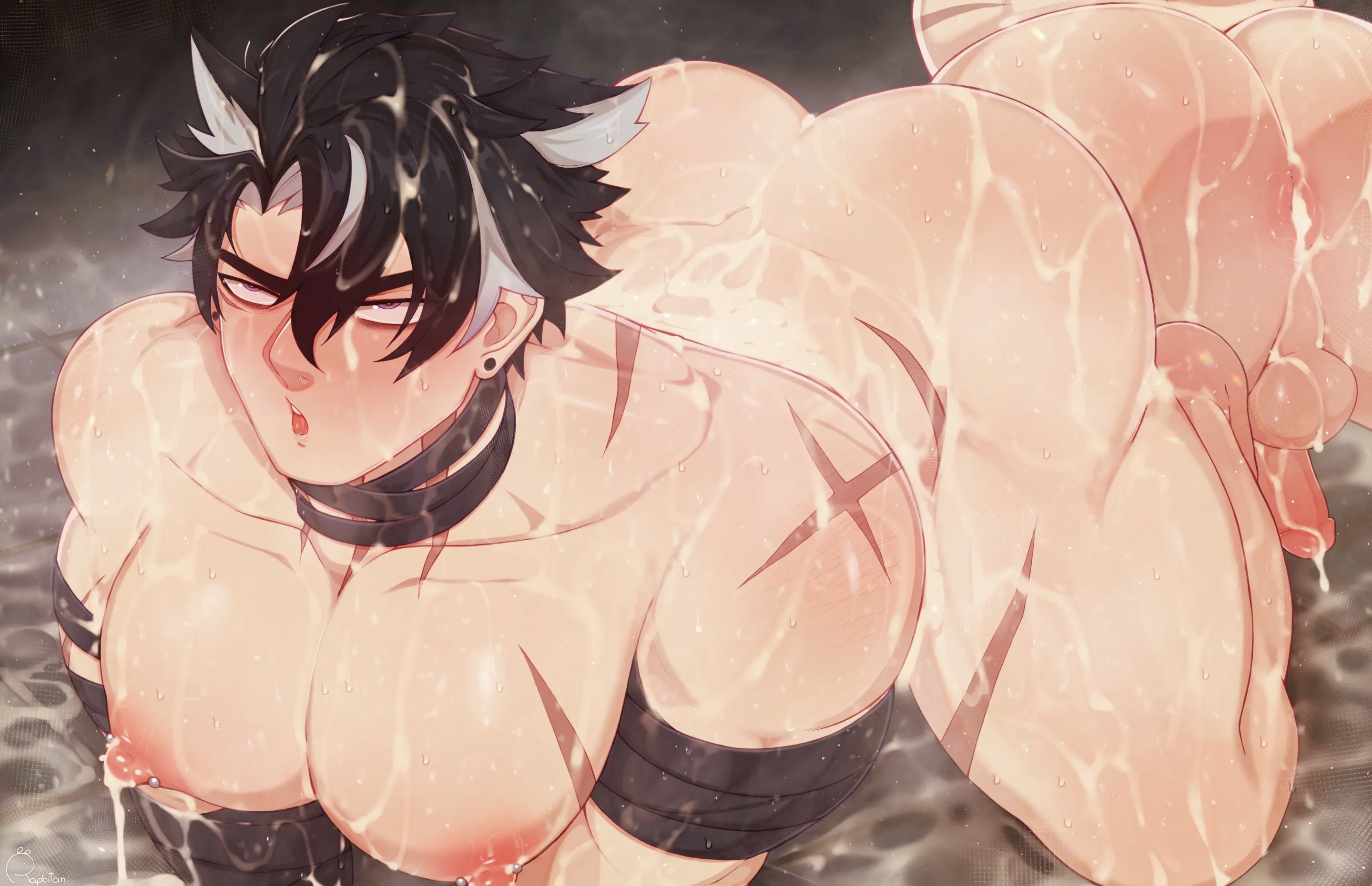 after anal, after sex, ahegao, bara, big tits, blush, breeding, cum in ass, cumflation, gangbang, gay, genshin impact, male, male focus, male only, mind break, muscular, muscular male, penis, rapbitan, solo focus, solo male, surrounded, surrounded by men, surrounded by penises, wriothesley (genshin impact), yaoi