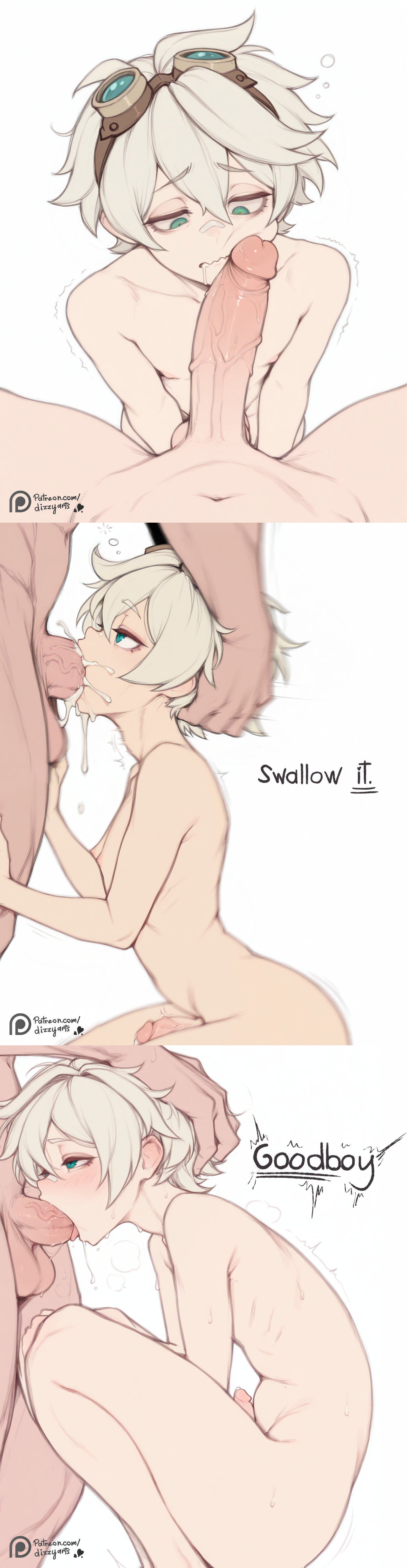 ai generated, bennett (genshin impact), blonde hair, blush, breasts, caption, captioned, comic, cum, cum drip, cum in mouth, dizzyarts, femboy, femboy focus, gay, good boy, green eyes, head grab, huge cock, male, male only, motion blur, motion lines, nude, penis, simple background, small breasts, small penis, smaller male, smaller penetrated, sucking, sucking penis, swallowing, swallowing cum, sweat, sweatdrop, white background