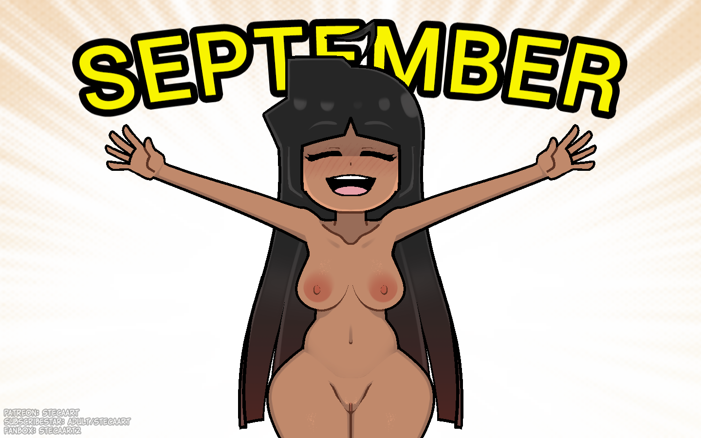 :d, 16:10 aspect ratio, bangs, black hair, blunt bangs, breasts, brown hair, clavicle, closed eyes, closed eyes smile, completely nude, curvaceous, dark skin, dark-skinned female, english language, english text, facing viewer, female, gradient hair, long hair, medium breasts, multicolored hair, navel, nipples, nude, open mouth, open-mouth smile, original, original character, outstretched arms, pussy, smile, solo, spread arms, steca, stequita, teeth, text, thelazyart, upper teeth, upper teeth only, vagina, venezolana, very long hair, wide hips