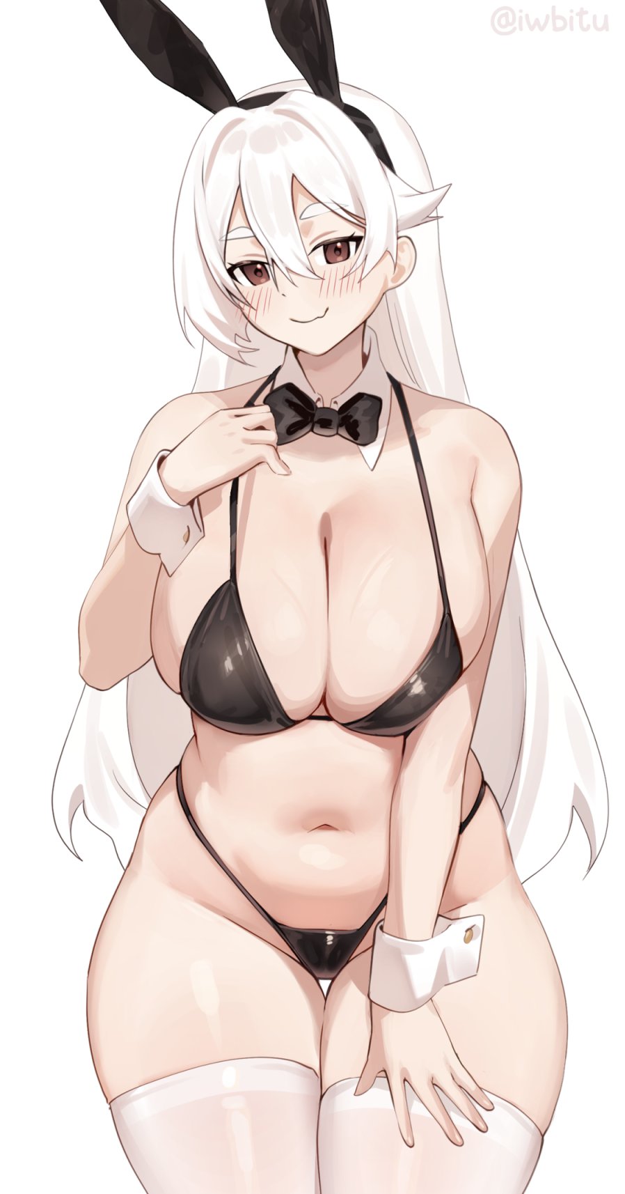 1girls, animal ear hairband, animal ears, bare arms, bare shoulders, bikini, black bikini, black bow, black bowtie, black hairband, blush, bow, bowtie, breasts, brown eyes, cleavage, cowboy shot, cute fang, detached collar, fake animal ears, fang, fang out, female, hair between eyes, hairband, hand on own chest, hand on own thigh, highres, huge breasts, iwbitu, long hair, looking at viewer, navel, nyopu, nyopu (iwbitu), original, rabbit ears, simple background, skin fang, skindentation, smile, solo, stomach, string bikini, swimsuit, thick thighs, thigh gap, thighhighs, thighs, very long hair, white background, white hair, white thighhighs, wrist cuffs