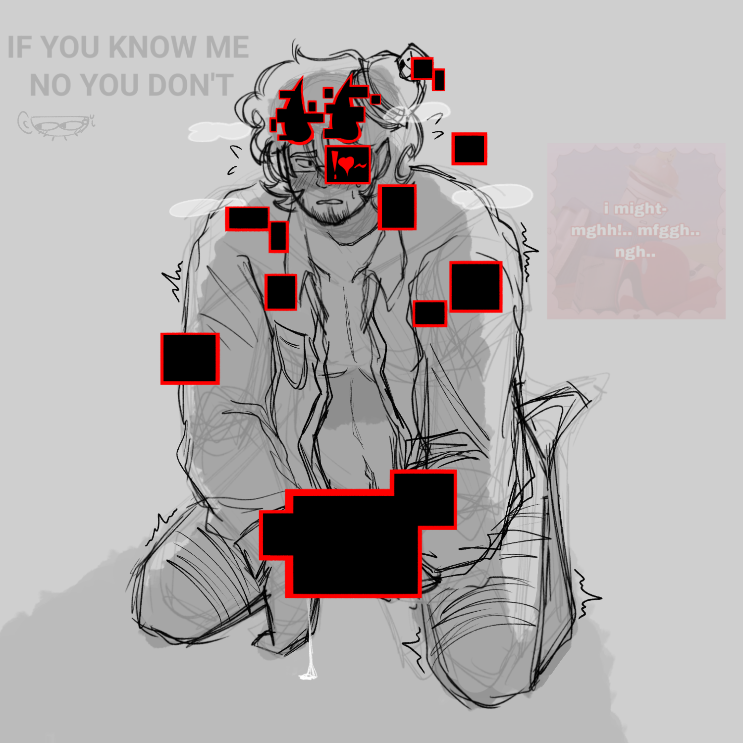007n7, 007n7 (forsaken), 1boy, breathing, censored, chubby, desolate, forsaken (roblox), glitch effect, half-dressed, heart symbol, hellbeetle, hidden penis, kneeling, male, meme in the background, penis, precum drip, precum string, roblox, roblox game, robloxian, self upload, shiver, shivering, sweatdrop, tagme, unbuttoned shirt