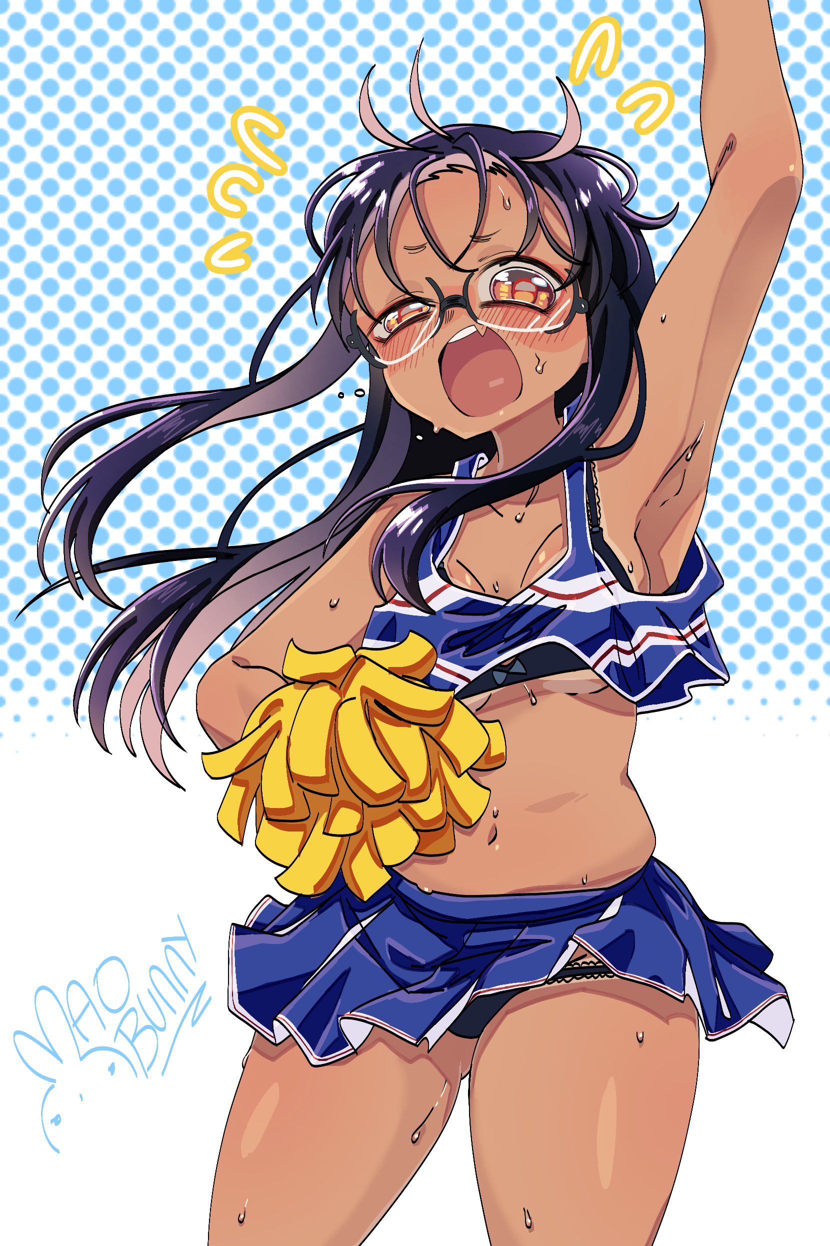 1girls, alternate universe, black hair, cheerleader, cheerleader outfit, cheerleader uniform, chubby, chubby belly, chubby female, embarrassed, english text, female, glasses, hayase nagatoro, jumping, long hair, manga cover, mao diosa, nerdy, nerdy female, open mouth, please don't bully me, nagatoro, submissive and breedable, tagme, tan, tan lines, tan skin, tan-skinned female, tanned, tanned female, tanned skin, yellow eyes