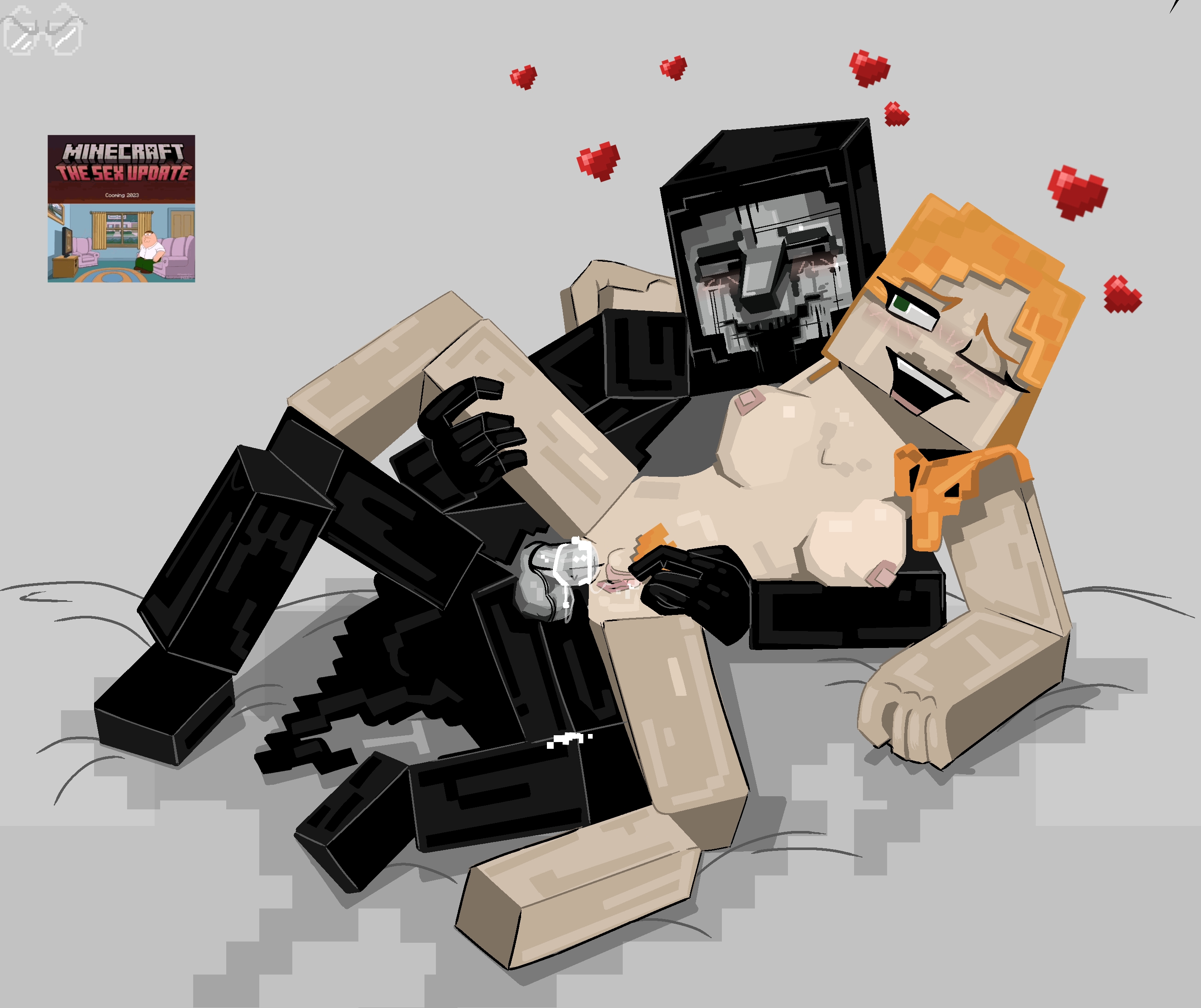 1boy, 1girls, alex (minecraft), balls, blocky body, female, female artist, gray background, heterosexual, human, humanoid, male, male/female, meme, minecraft, nipples, penis, pussy, risobase, sex, straight, tagme, the knocker