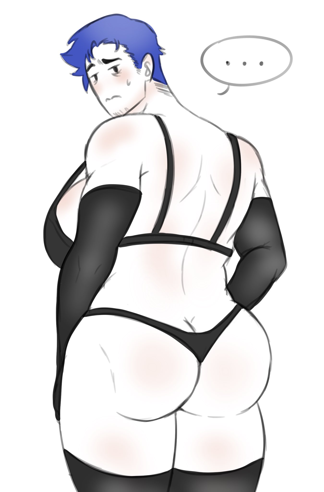 ..., 1boy, armwear, ass, ass cleavage, ass crack, ass focus, back, back boob, back view, backboob, big ass, big butt, big thighs, black armwear, black bra, black lingerie, black panties, black thighhighs, blue hair, blush, breasts, butt crack, butt focus, clothed, clothed male, colored, facing away, facing away from viewer, forsaken (roblox), frown, gatocafe12, guest 1337 (forsaken), guest 1337 (the last guest), large ass, large breasts, lingerie, lingerie bra, lingerie panties, looking at viewer, male, male only, male with breasts, nervous, nervous expression, nervous face, nervous male, nervous sweat, open eyes, overweight, raised eyebrow, roblox, roblox game, robloxian, short hair, solo, solo focus, solo male, speech bubble, stubble, the last guest, white background, white skin