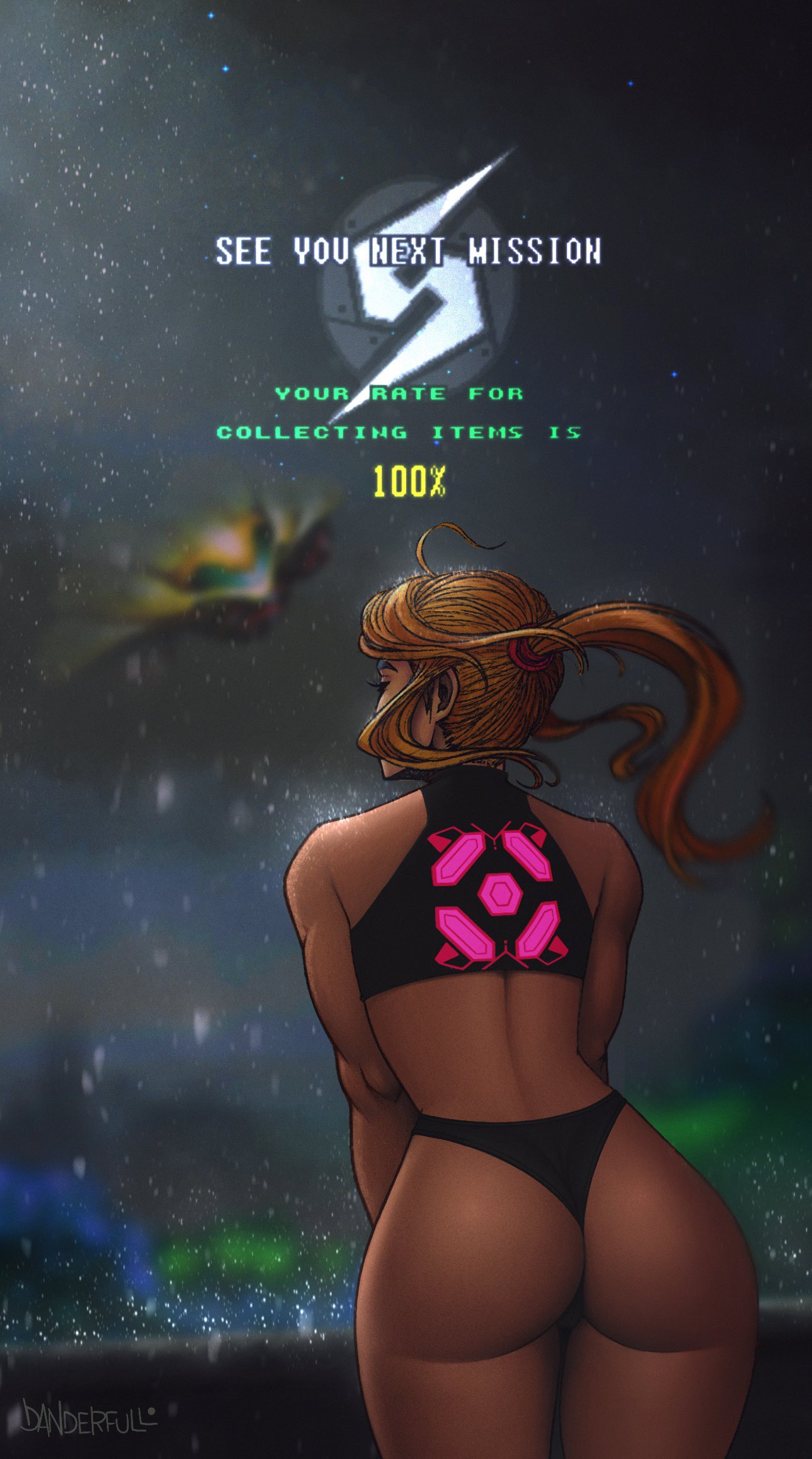 1girls, ass, ass crack, ass focus, back view, big ass, bikini, blonde female, blonde hair, casual outfit (metroid), danderfull, english text, female, female only, metroid, muscular, muscular arms, nintendo, panties, ponytail, samus aran, solo, solo female, super metroid, text, thick thighs, thighs, watermark
