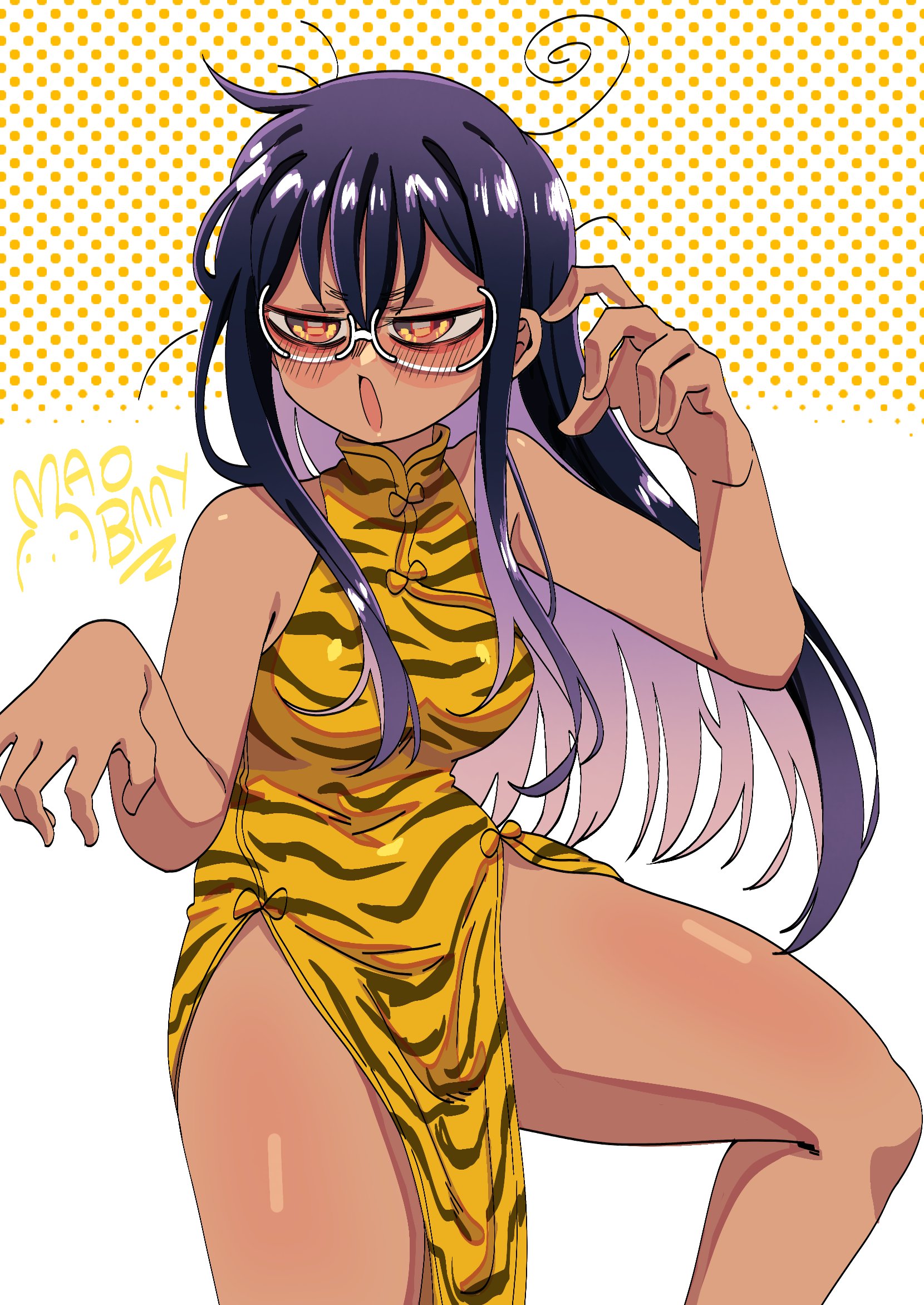 1girls, alternate universe, animal print, black hair, blush, breasts, chubby, chubby belly, chubby female, cleavage, embarrassed, female, female only, fighting stance, flying sweatdrops, glasses, hair between eyes, hayase nagatoro, kimono, long hair, mao diosa, navel, nerd, nerdy female, nervous, nervous expression, nervous face, nervous female, nervous smile, nervous sweat, please don't bully me, nagatoro, pose, posing, shy girl, skimpy, skin fang, skinny, skinny female, slightly chubby female, small breasts, solo, tan body, tan lines, tan skin, tan-skinned female, tanline, tanned, tanned female, tanned skin, thick thighs, thighs, tiger print, tiger stripes