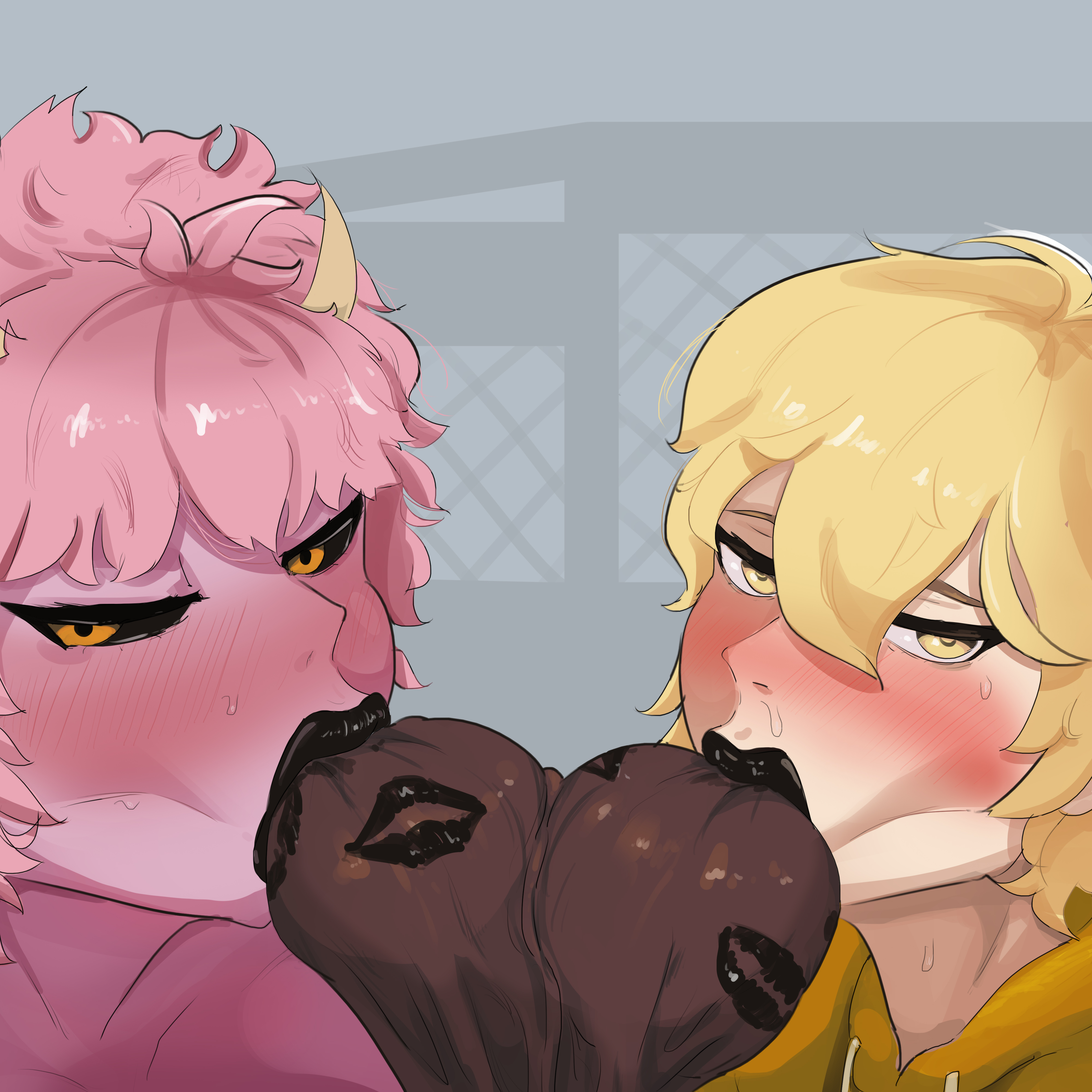 :>=, 1boy, 2girls, balls, balls sucking, blonde hair, blush, character request, close-up, collaborative fellatio, dark-skinned male, double balls sucking, fellatio, female, huge balls, huge testicles, human, interracial, kiss mark, kiss mark on balls, lipstick, lipstick mark, lipstick on balls, looking at viewer, male, male pov, mina ashido, multiple females, multiple girls, my hero academia, pink hair, pink skin, pov, sucking balls, sweat, testicles, unseen male face, yankll artist