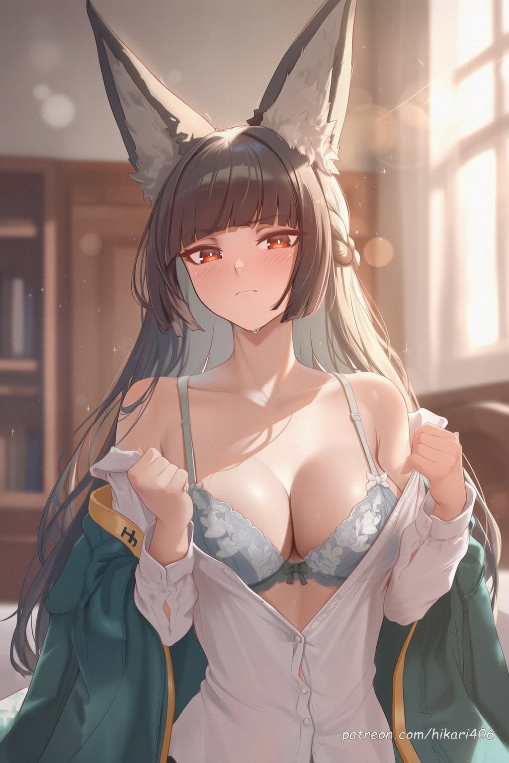 ai generated, animal ear fluff, animal ears, bare shoulders, black hair, blunt bangs, blurry, blurry background, blush, bra, braid, breasts, brown hair, cleavage, closed mouth, collarbone, female, fox ears, green jacket, grey bra, hikari406, hoshimi miyabi, indoors, jacket, large breasts, long hair, long sleeves, looking at viewer, off shoulder, open clothes, red eyes, shirt, solo, uncensored, underwear, upper body, white shirt, zenless zone zero