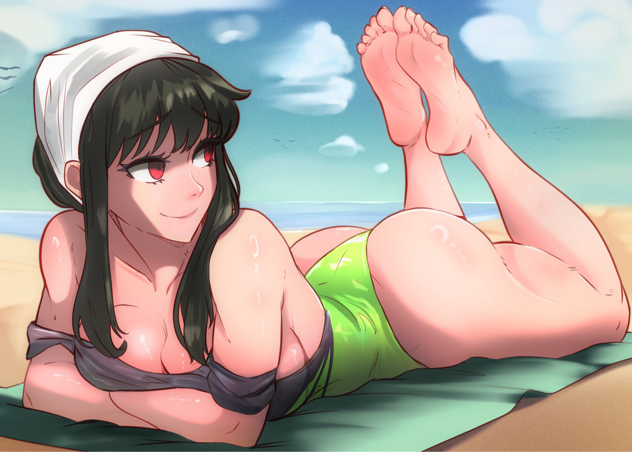 1girls, ass, beach, beach towel, black hair, blysill, breasts, feet, female, legs, legs up, long hair, lying down, lying on stomach, red eyes, sand, soles, spy x family, swimsuit, toes, water, yor briar