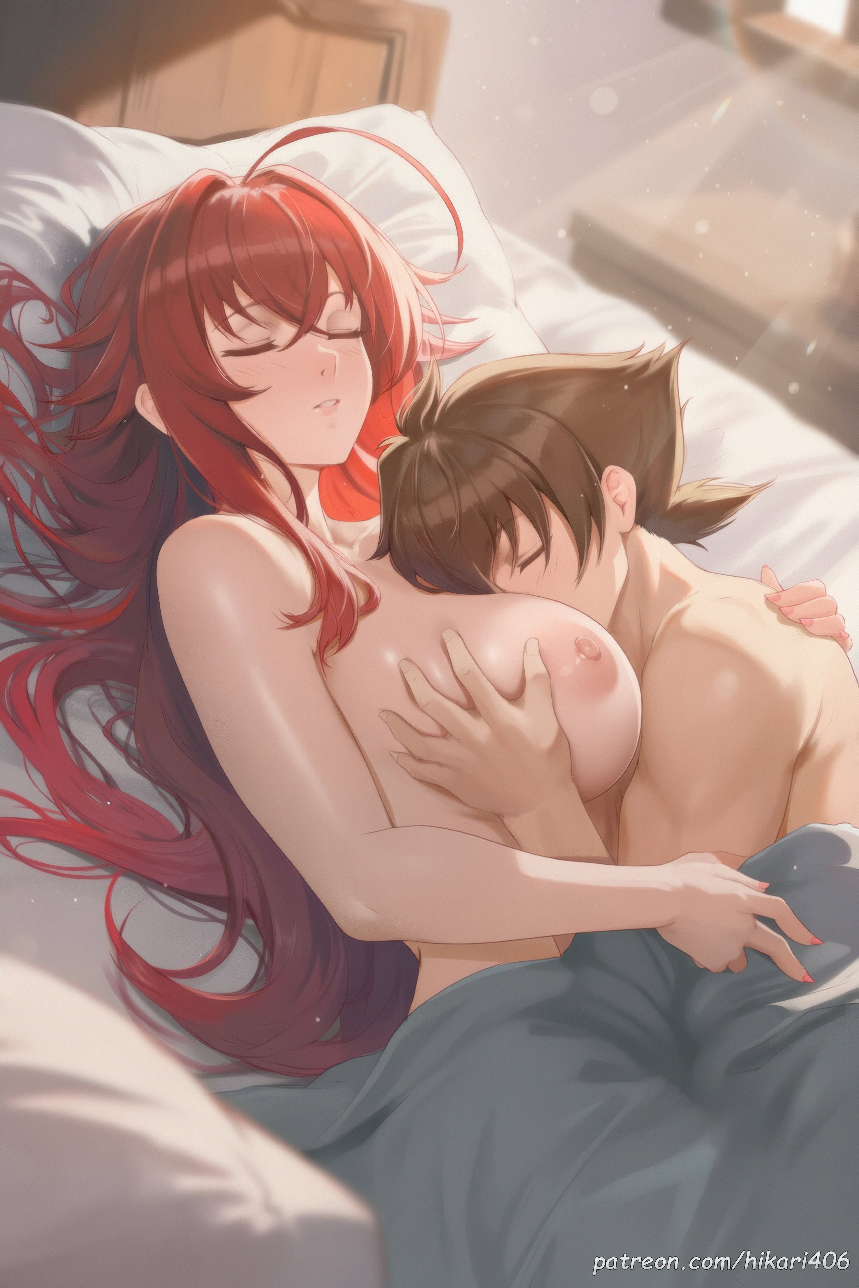 1boy, ahoge, ai generated, bed, bed sheet, breasts, brown hair, canon couple, closed eyes, completely nude, cuddling, female, grabbing, grabbing another's breast, hair between eyes, high school dxd, hikari406, hug, huge ahoge, hyoudou issei, indoors, large breasts, long hair, lying, male, nipples, nude, on back, on bed, on side, parted lips, pillow, red hair, rias gremory, romantic, short hair, sleeping, straight, sunlight, uncensored, under covers, wholesome