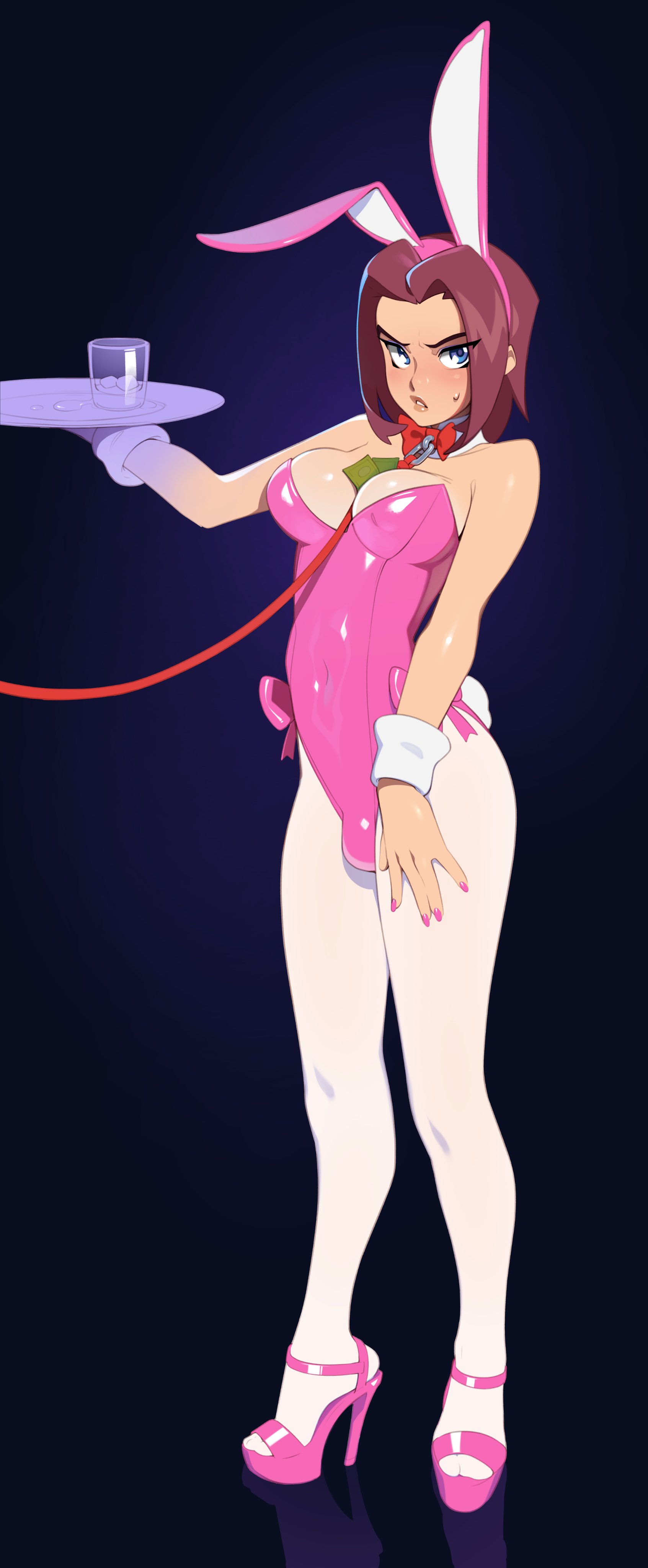 1futa, alternate version available, blue eyes, bowtie, breasts, brown hair, bulge, bunny ears, bunny girl, bunnysuit, clothed, clothing, code geass, combos-n-doodles, commission, commission art, fake animal ears, female, full body, futa focus, futa only, futanari, high heels, intersex, kallen stadtfeld, leash, leash and collar, looking at viewer, money, money between breasts, nail polish, painted fingernails, painted nails, pantyhose, pink leotard, pink nails, platform heels, playboy bunny, revealing clothes, server, server tray, shiny clothes, short hair, solo, solo focus, solo futa, standing, stockings, sweatdrop, tagme, tight clothing, trans woman, white pantyhose