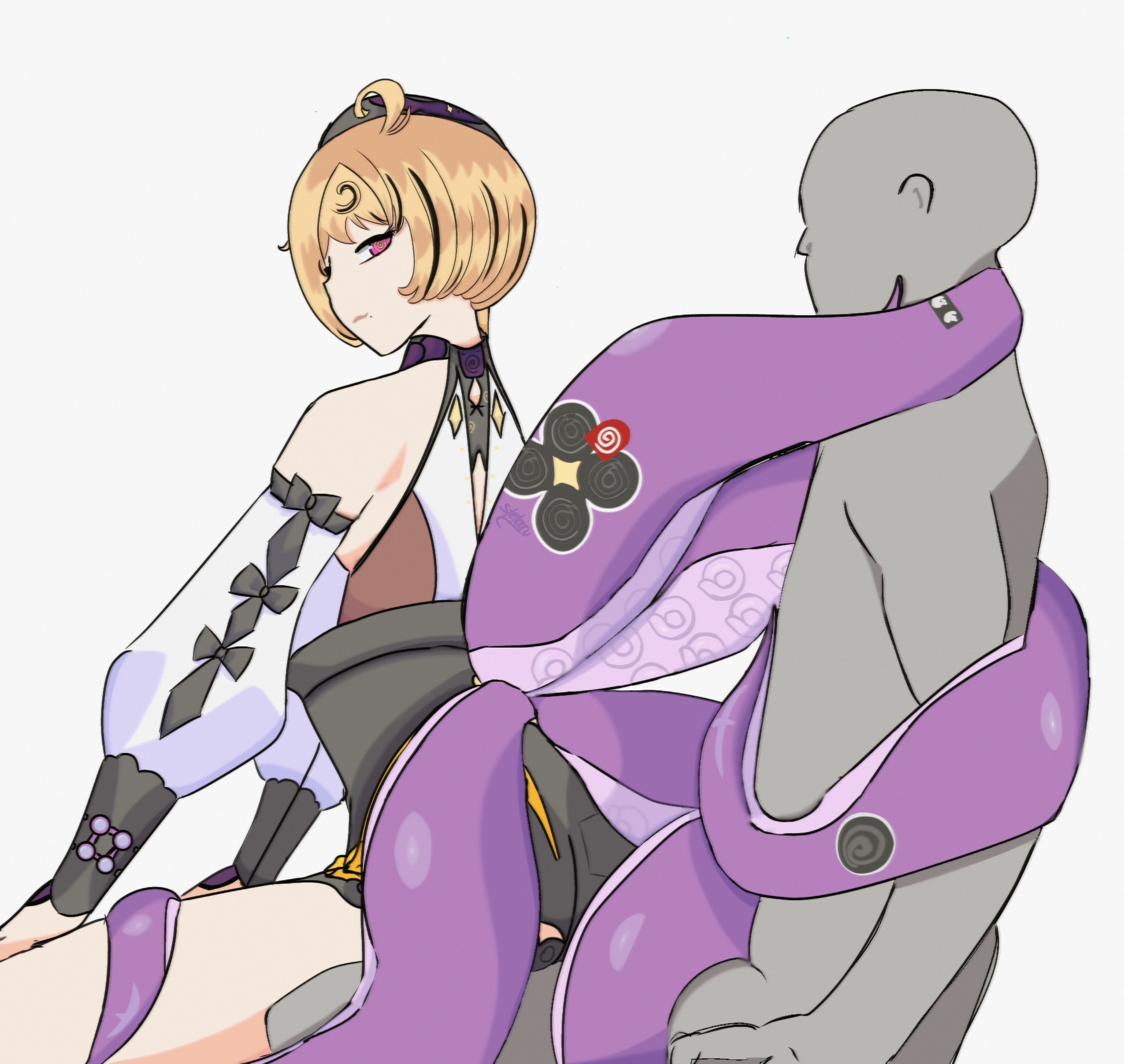 1boy, 2d, anonymous male, clothed, clothing, cowgirl position, digital media (artwork), hoyoverse, male, mole under mouth, pink eyes, sitting on person, smile, stelaru, tentacle, wrapped in tentacles, yidhari murphy, zenless zone zero