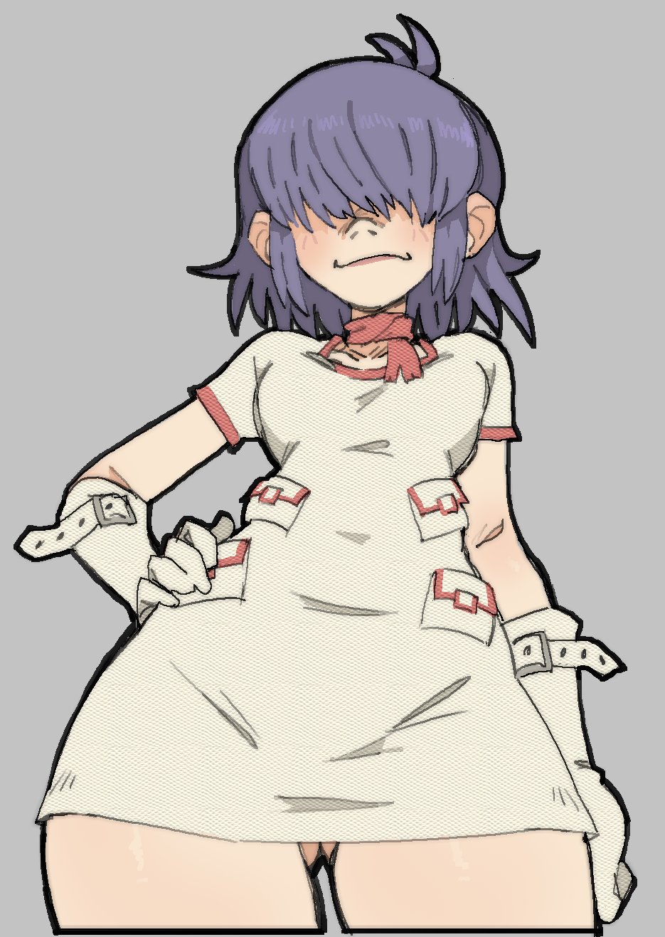 1girls, amlogamer, asian, asian female, ass visible through thighs, bangs, bangs over eyes, blue hair, breasts, dress, female, female focus, female only, gloves, gorillaz, hair over eyes, hand on hip, looking at viewer, looking down, no panties, noodle (gorillaz), noodle (plastic beach), pantsu ripper, short dress, small breasts, smile, smiling at viewer, solo, solo female, solo focus, thighs