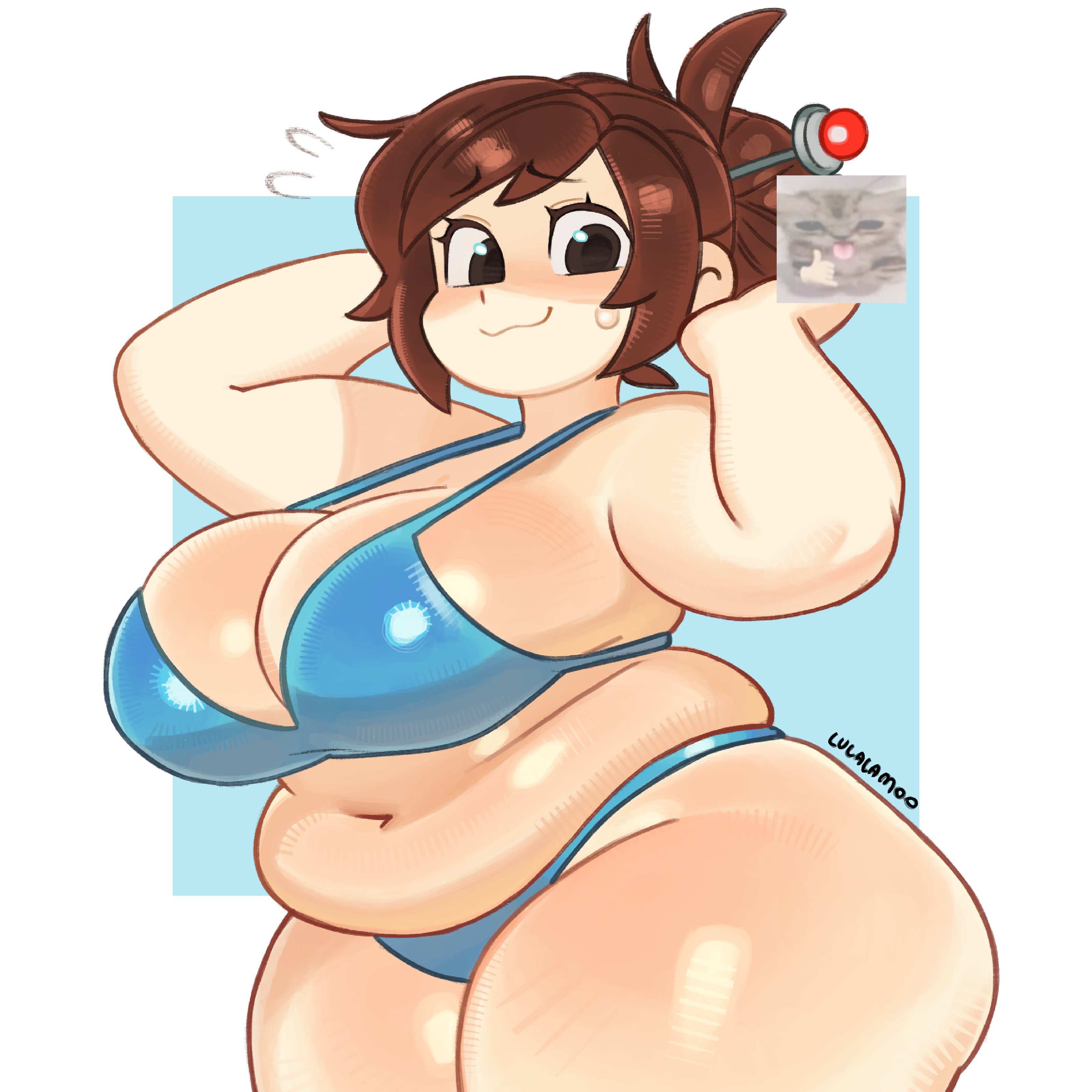 1girls, absurd res, armpits, arms behind head, belly, big breasts, bikini, black eyes, breasts, brown hair, busty, chubby, chubby female, curvaceous, curvy, curvy female, curvy figure, digital media (artwork), eyebrows, eyebrows visible through hair, eyelashes, female, female focus, female only, glistening, glistening body, hi res, huge breasts, light skin, light-skinned female, looking at viewer, lulalamoo, mei (overwatch), motion lines, overwatch, plump, solo, sweat, sweatdrop, sweating, sweaty, thick thighs, twitter link, video games, voluptuous, voluptuous female, wide hips