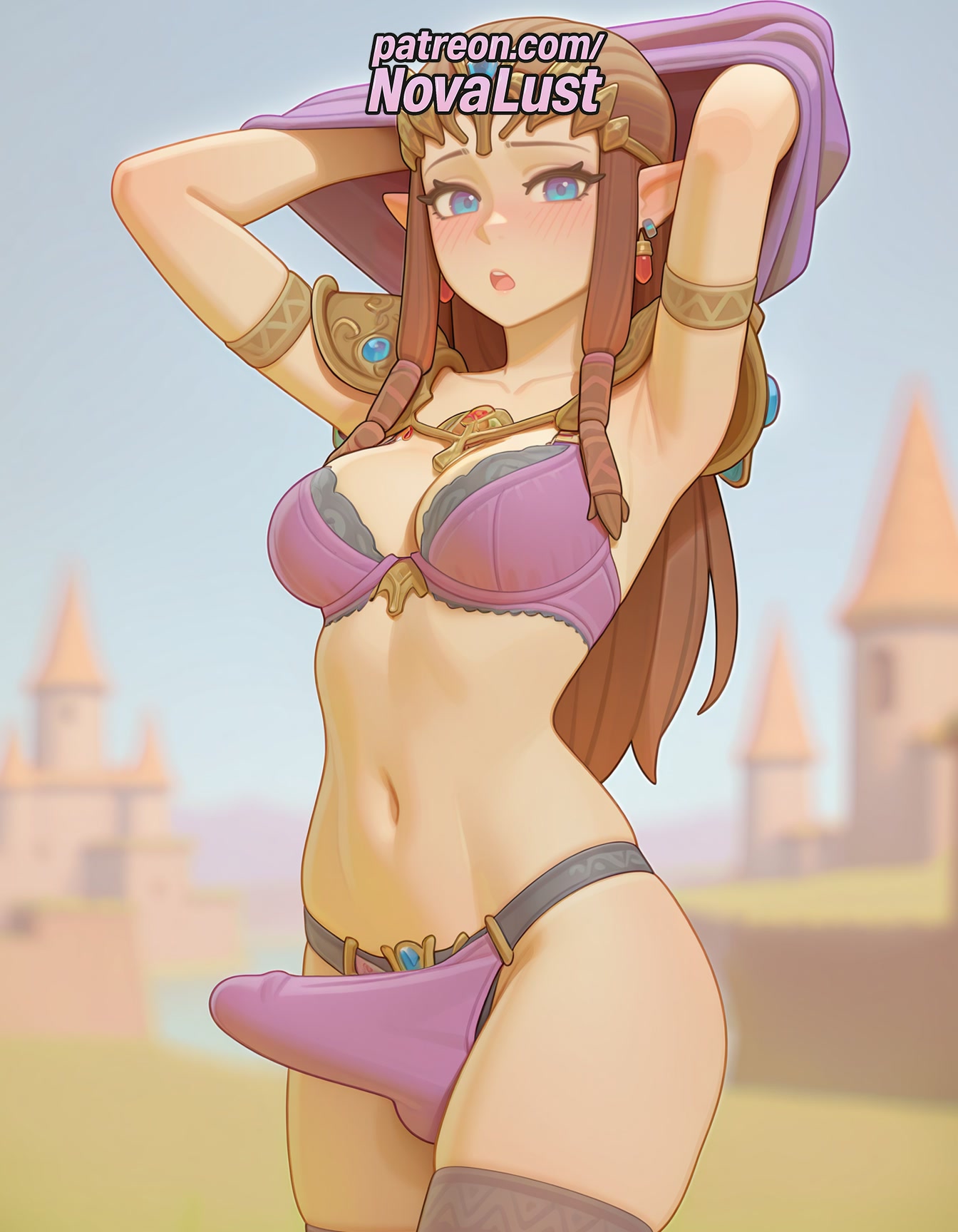 1futa, 2025, ai generated, artist name, balls, blue eyes, bra, brown hair, bulge, cock, crossdressing, dick, earrings, erection, futanari, hi res, high quality, high resolution, highres, intersex, jewelry, long hair, navel, nintendo, novalust, open mouth, otoko no ko, panties, patreon, patreon username, penis, pointy ears, princess zelda, purple bra, purple panties, solo, stable diffusion, testicles, the legend of zelda, thighhighs, underwear, watermark