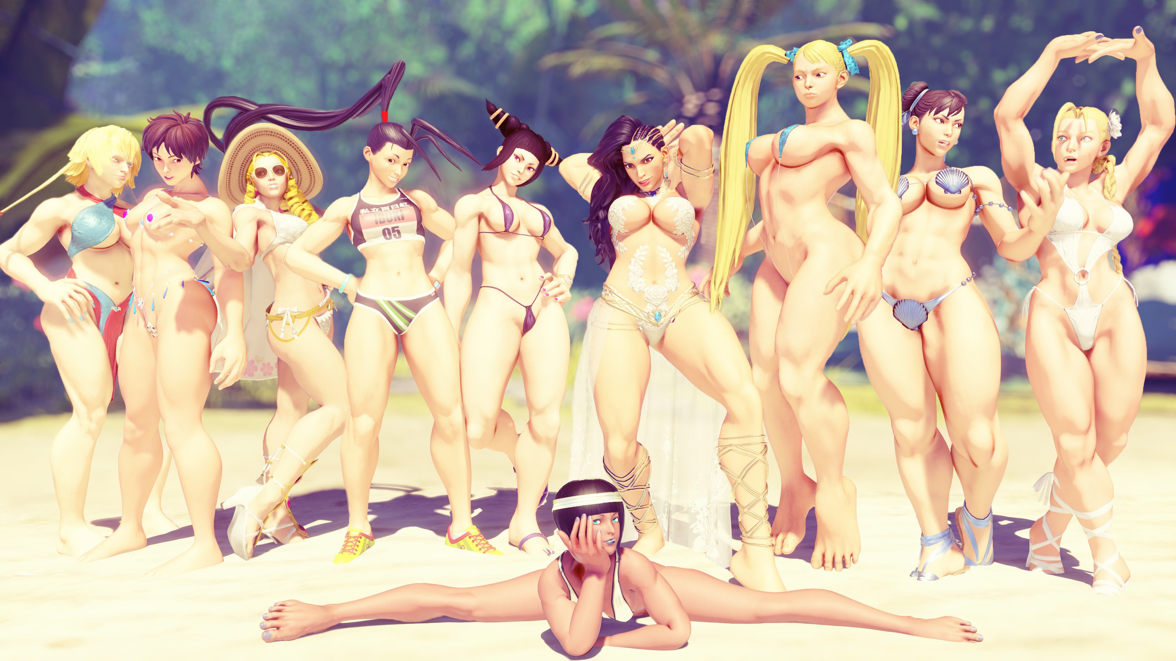 3d, abs, adnarimydeth, beach, bikini, black hair, blonde hair, breasts, brown hair, busty, cammy white, capcom, chun-li, fat breasts, female, female focus, female only, flat belly, hourglass figure, huge breasts, ibuki (street fighter), juri han, karin kanzuki, kolin (street fighter), large breasts, laura matsuda, menat (street fighter), rainbow mika, sakura kasugano, six pack, sling bikini, street fighter, street fighter v, swimsuit, tagme, wide hips