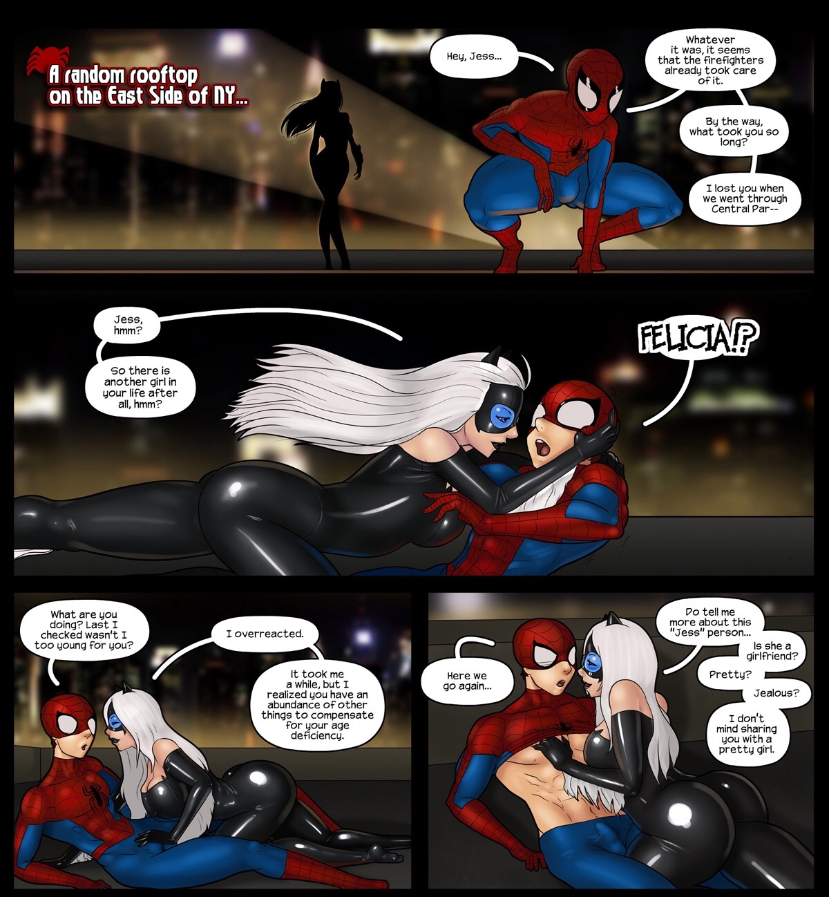 age difference, black cat (marvel), english text, felicia hardy, female, male, marvel, marvel comics, older female and younger male, peter parker, sex, spider-man, spider-man (series), straight hair, text, tracyscops, ultimate marvel (2000), ultimate spider-man (2000)