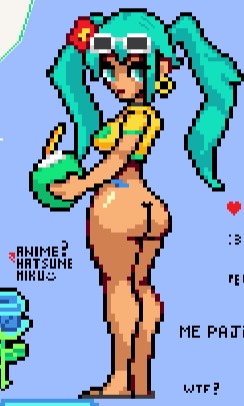1girl, aqua eyes, aqua hair, ass, barefoot, bikini, blue background, bottomless, brazilian female, brazilian miku, coconut, crop top, drinking straw, earrings, english text, eyewear on head, female, flower, full body, hair ornament, hatsune miku, heart, hoop earrings, jewelry, long hair, miku, open mouth, pixel (artwork), pixel art, reference inset, shirt, smile, solo, sunglasses, swimsuit, twintails, vocaloid, wplace, wplace (artwork), yellow shirt