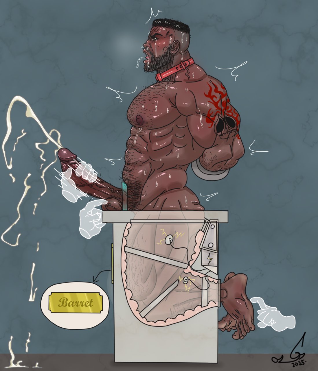 1boy, arms behind back, balls, barret wallace, black hair, black male, bodily fluids, bondage, collar, cum, cum on floor, cum rope, cumshot, dark-skinned male, electric shock, feet, final fantasy, final fantasy vii, forced orgasm, handjob, male, male feet, male only, male tickling, muscular, muscular male, name plate, nude, nude male, penis, sixshark1, solo, sweating, tattooed arm, tickling, tickling balls, tickling feet, vein, veiny penis