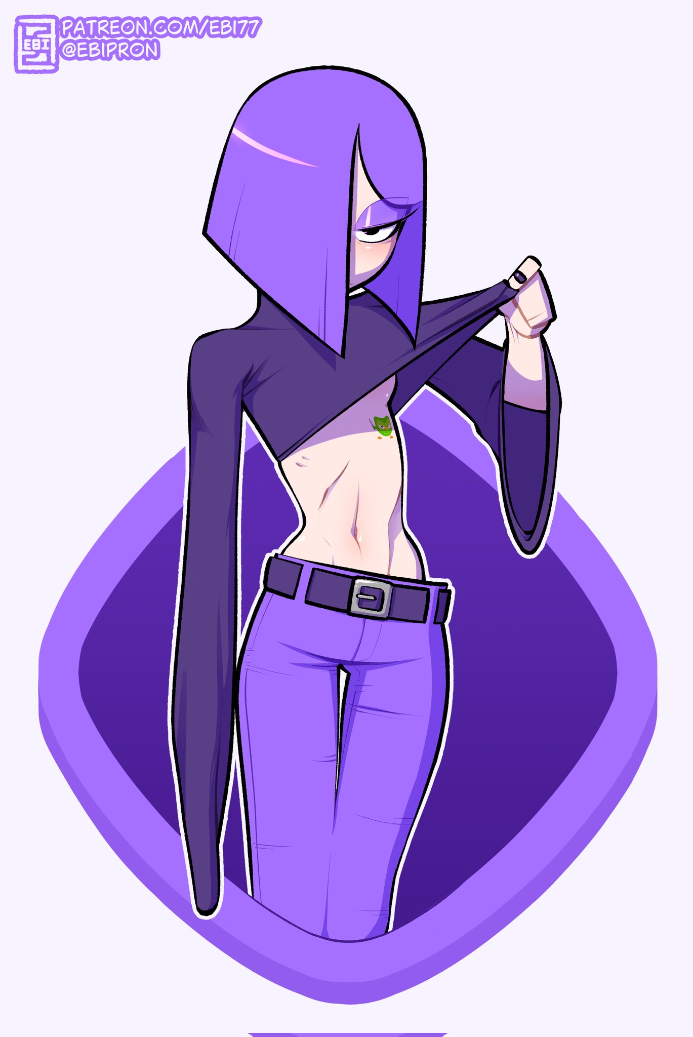 1girls, 2024, black eyes, blush, duo (duolingo), duolingo, ebi77, female, flat chest, hair over one eye, lily (duolingo), long sleeves, looking at viewer, navel, painted nails, pants, pasties, purple hair, shirt, shirt lift, skinny, standing, tagme, watermark
