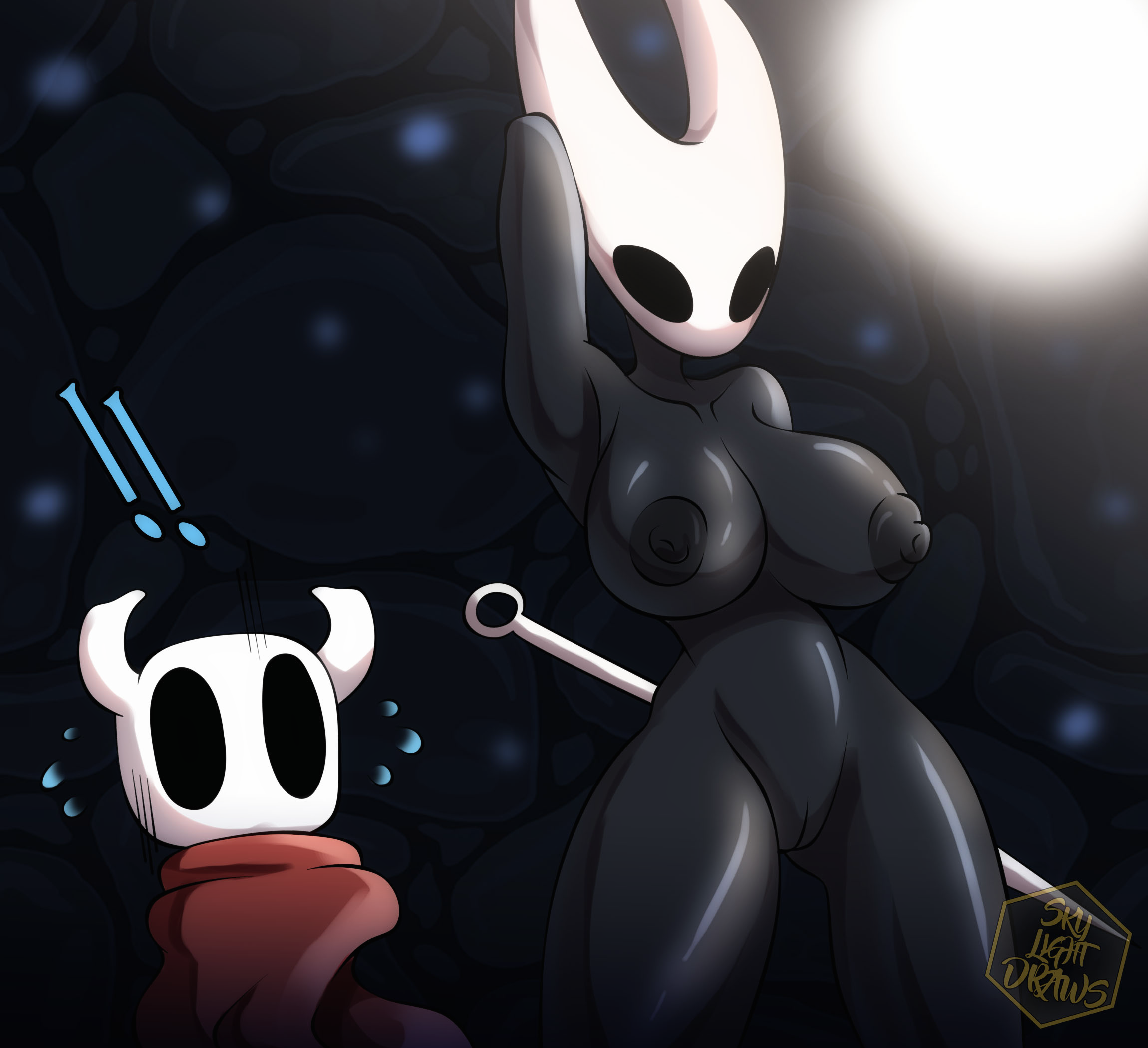1boy, 1girls, areola, arthropod, big breasts, black nipples, breasts, comic, comic page, female, genitals, hollow knight, horned humanoid, hornet (hollow knight), horns, humanoid, incest, insects, male, mask, naked, nude, patreon, skylight (artist), team cherry, the knight (hollow knight), thick thighs, vessel (species)