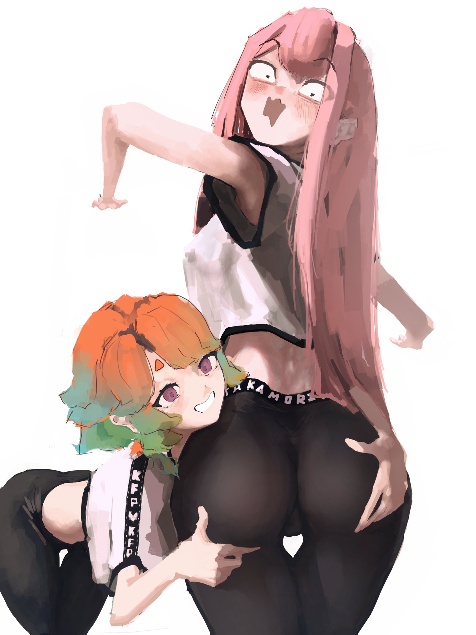 2girls, ass, blush, clothed, clothing, dcpvvle, embarrassed, female, funny, hololive, hololive english, hololive myth, humor, light skin, light-skinned female, mori calliope, open mouth, orange hair, pink hair, purple eyes, simple background, sketch, startled, surprised, takanashi kiara, virtual youtuber, white background, yuri