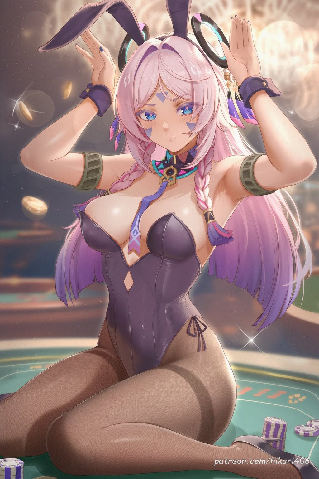 ai generated, animal ears, armlet, armpits, arms up, bare shoulders, between breasts, black leotard, blue eyes, blue nails, blurry, blurry background, braid, breasts, brown pantyhose, casino, citlali (genshin impact), cleavage, closed mouth, covered navel, detached collar, facial mark, fake animal ears, female, genshin impact, gradient hair, hair intakes, hair ornament, high heels, highleg, highleg leotard, hikari406, large breasts, leotard, long hair, looking at viewer, multicolored hair, necktie, pantyhose, parted bangs, pink hair, playboy bunny, poker chip, purple hair, rabbit ears, rabbit pose, sitting, solo, strapless, strapless leotard, table, thighband pantyhose, twin braids, uncensored, wariza, wrist cuffs