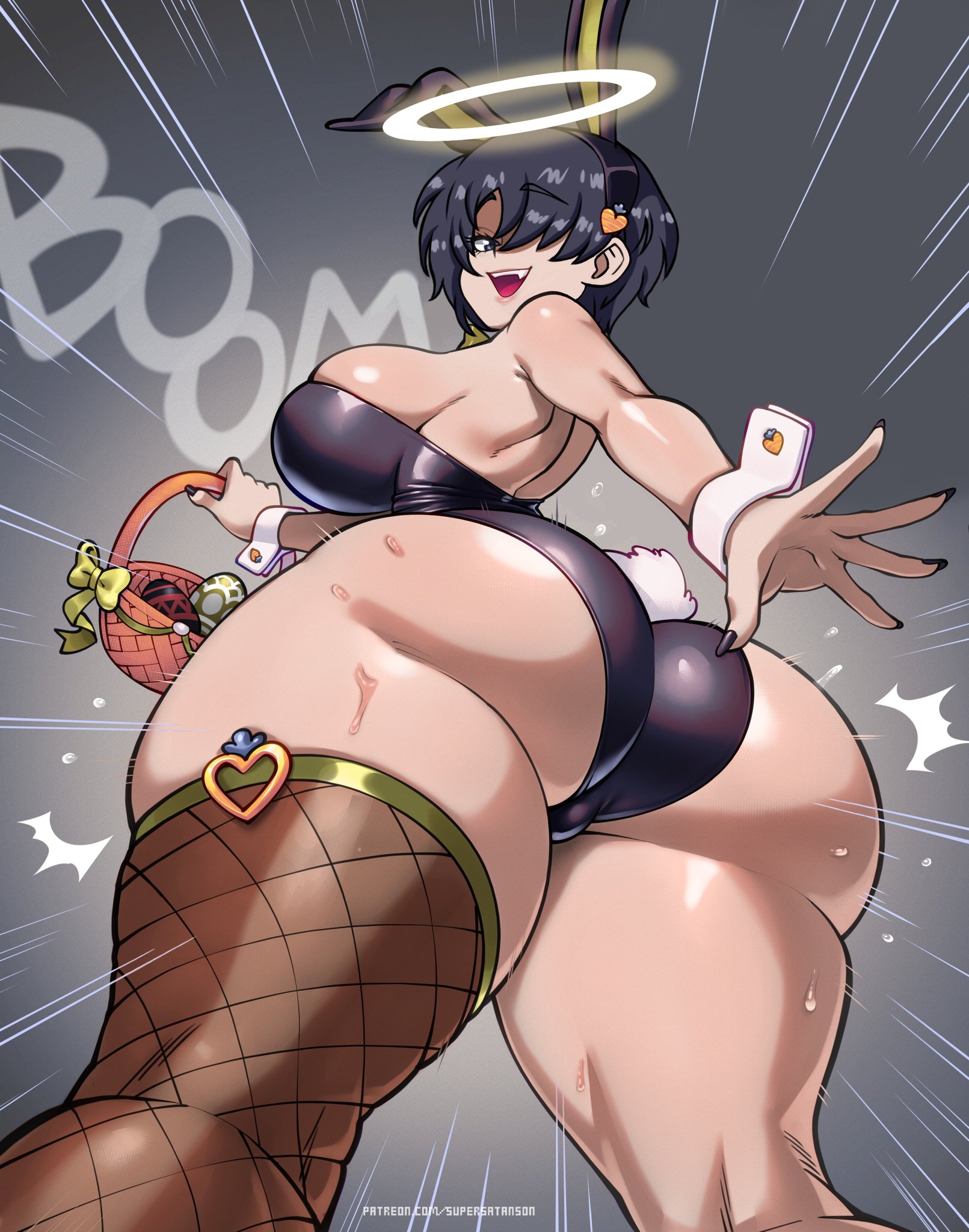 1girls, ass, breasts, bunny ears, bunny tail, bunnysuit, female, female focus, female only, fishnet thighhighs, fishnets, helltaker, large breasts, light skin, light-skinned female, looking at viewer, looking back, michael (helltaker), single thighhigh, solo, supersatanson, thick thighs, thighhighs, thighs, wide hips